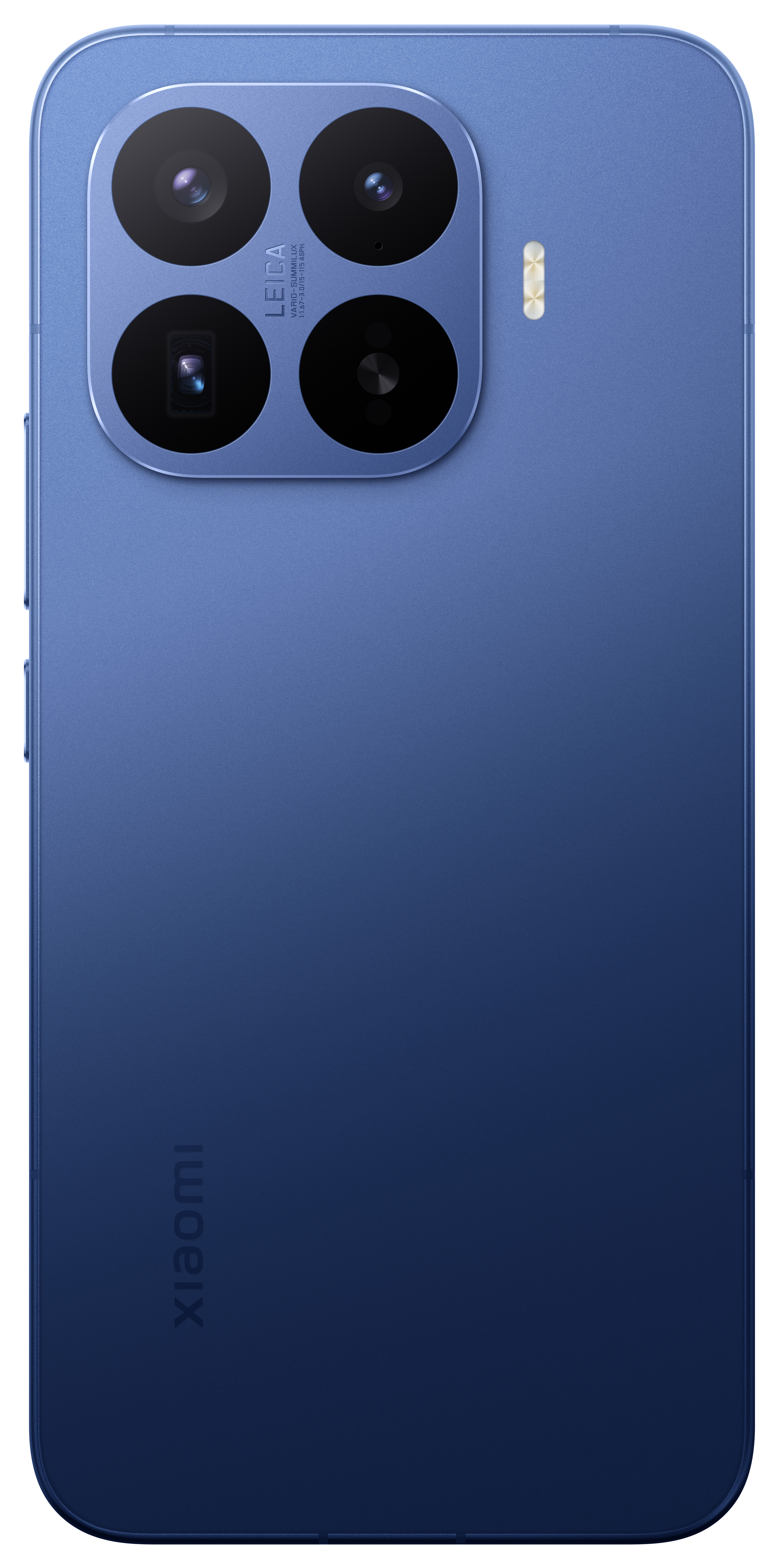 Rückseite eines blauen Smartphones mit vier Kameras und Xiaomi-Logo.