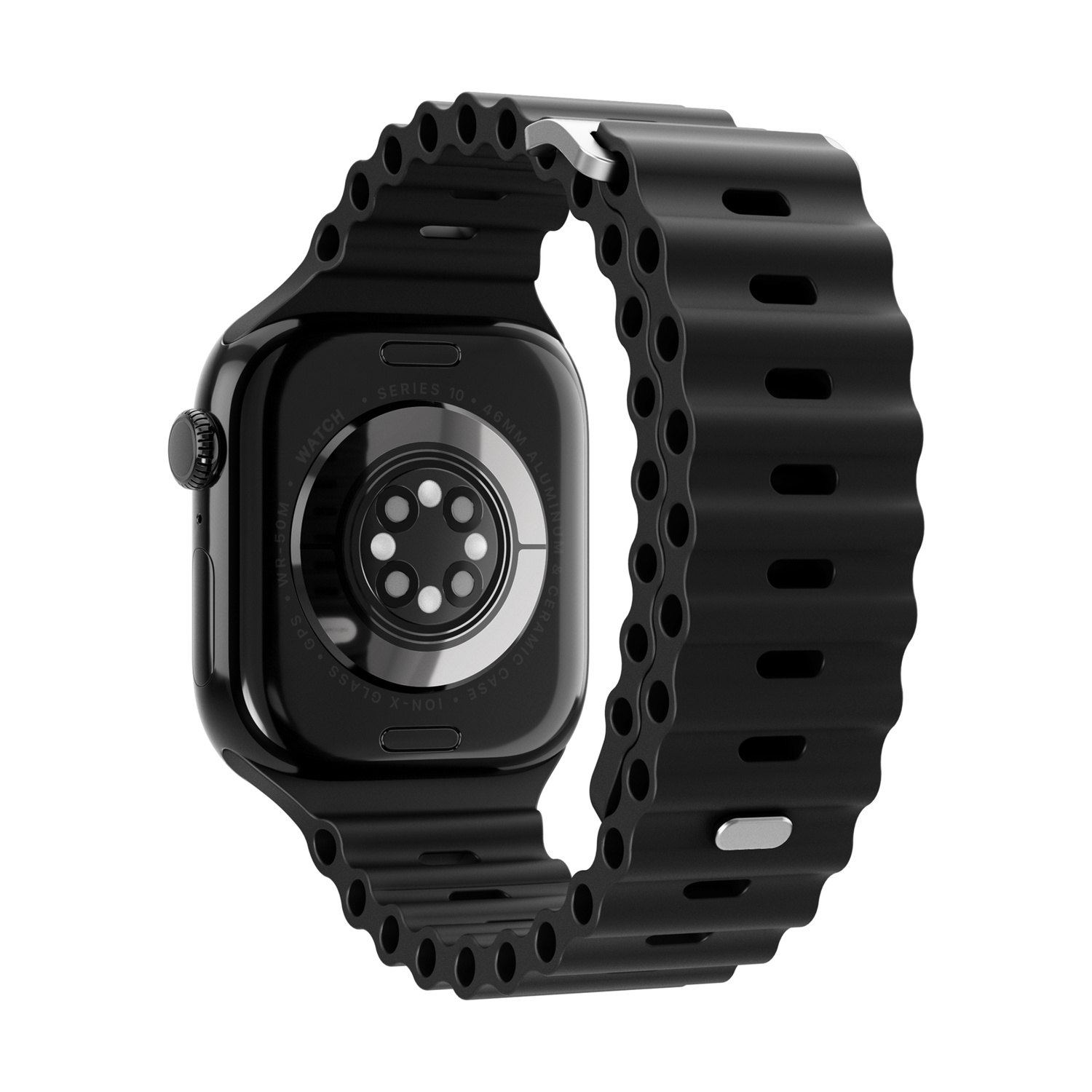 Smartwatch nero con cinturino ondulato, retro con sensori.