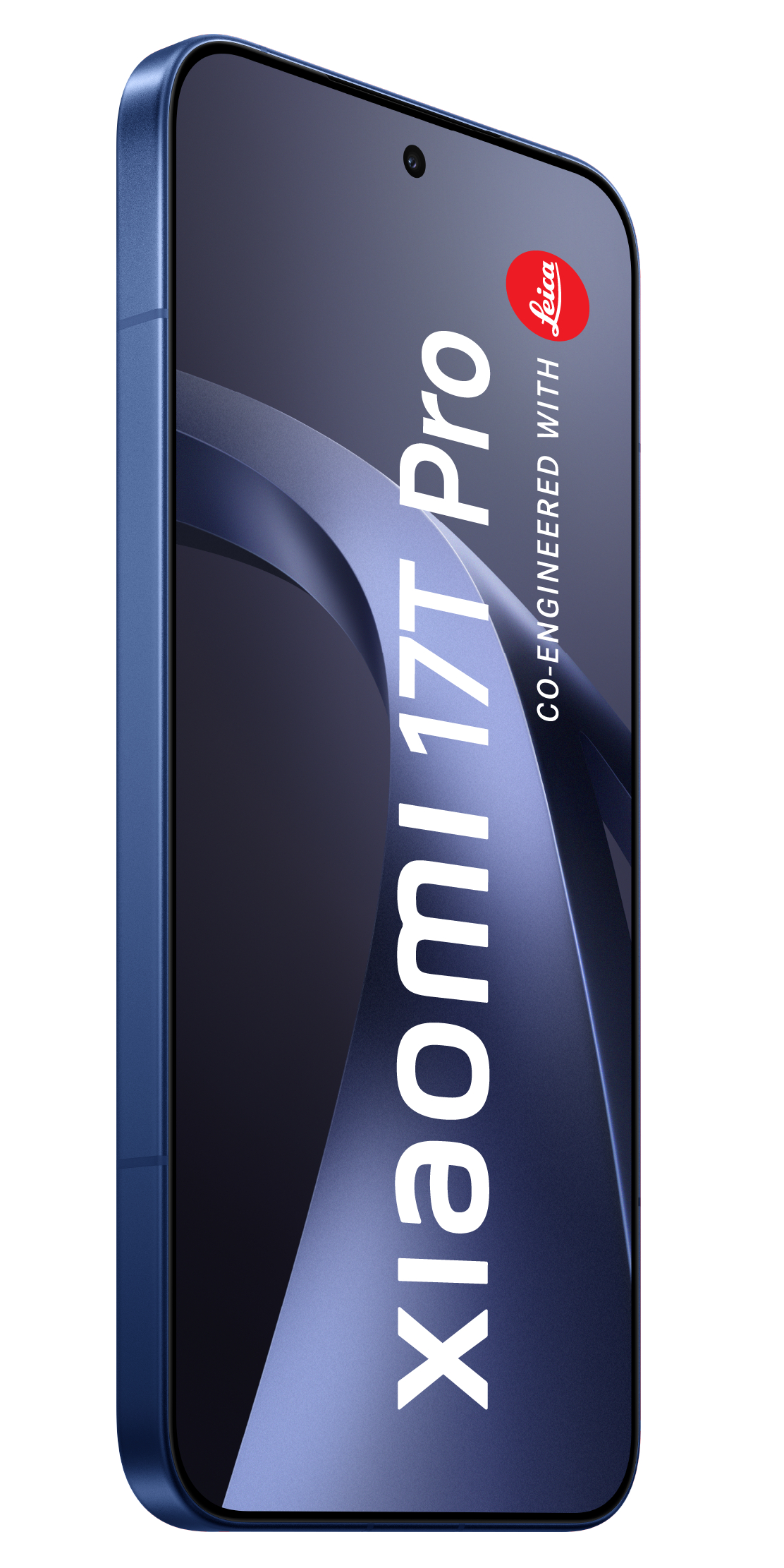 Blaues Xiaomi 17T Pro Smartphone mit Leica-Logo auf dem Bildschirm.