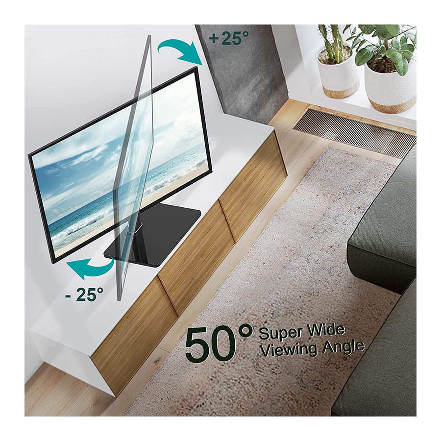 TV egy fehér, fa részletekkel ellátott médiabútoron, 50 fokos betekintési szöggel.