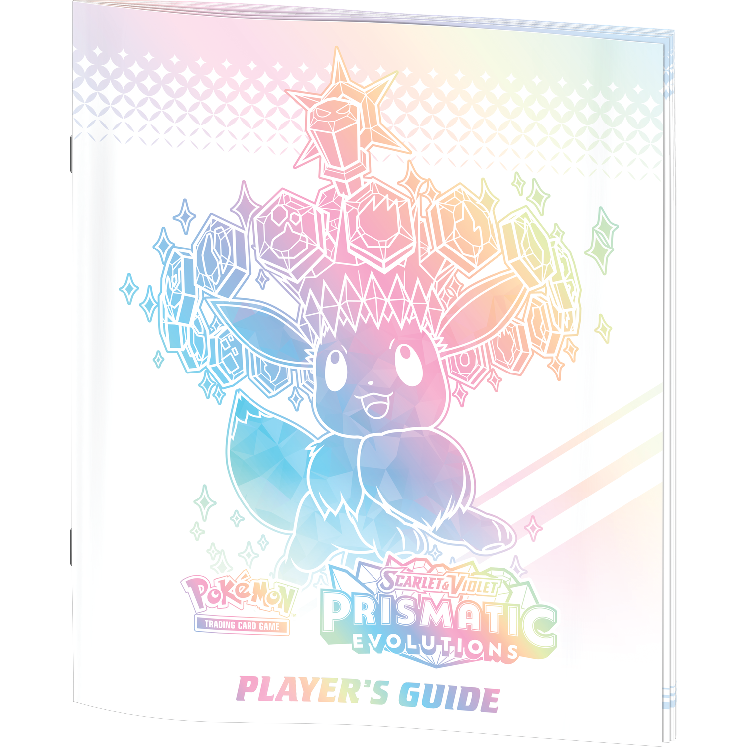 Pokemon Scarlet & Violet Prismatic Evolutions Spelersgids met Eevee en edelstenen.