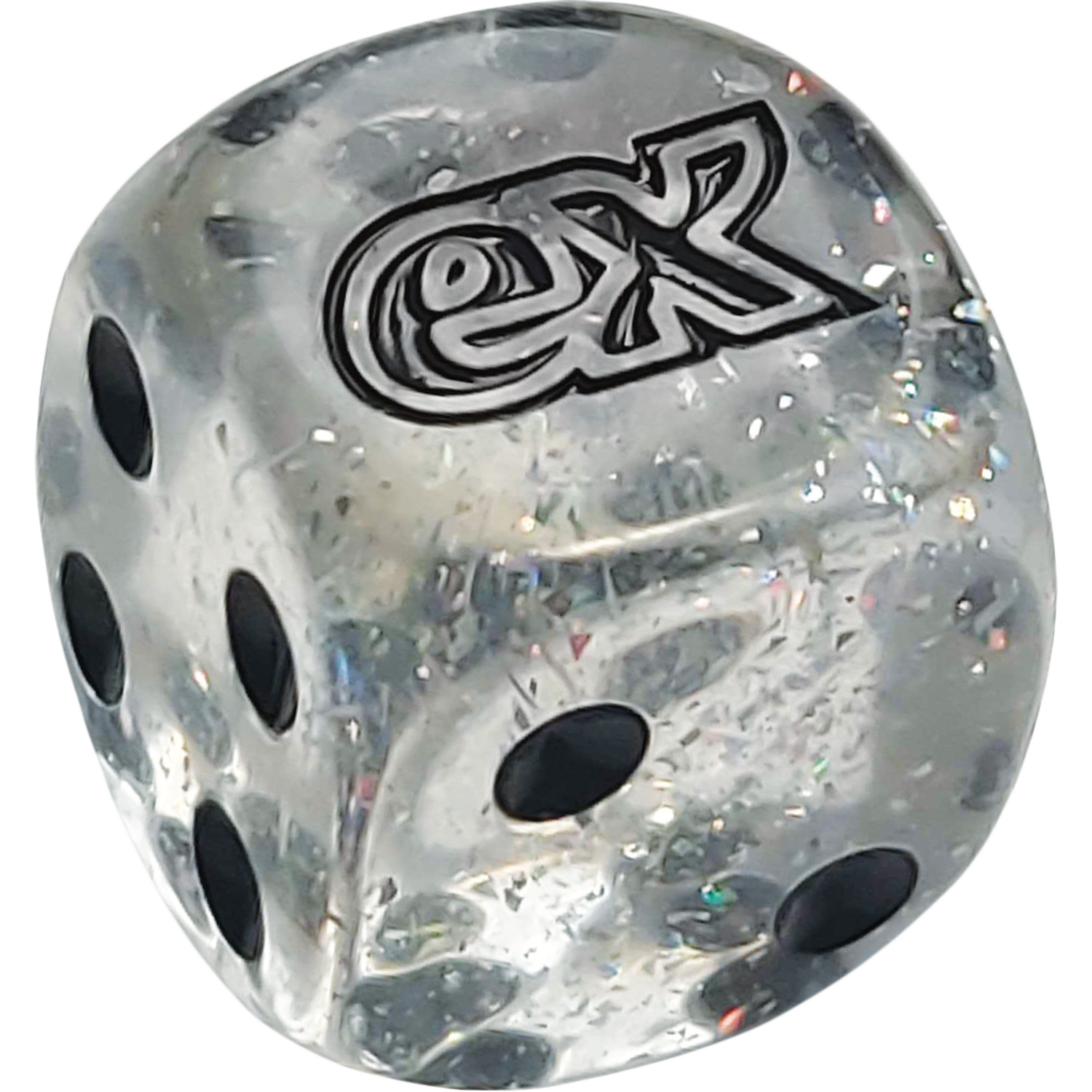Een transparante dobbelsteen met glitterdeeltjes en het "GX" logo.
