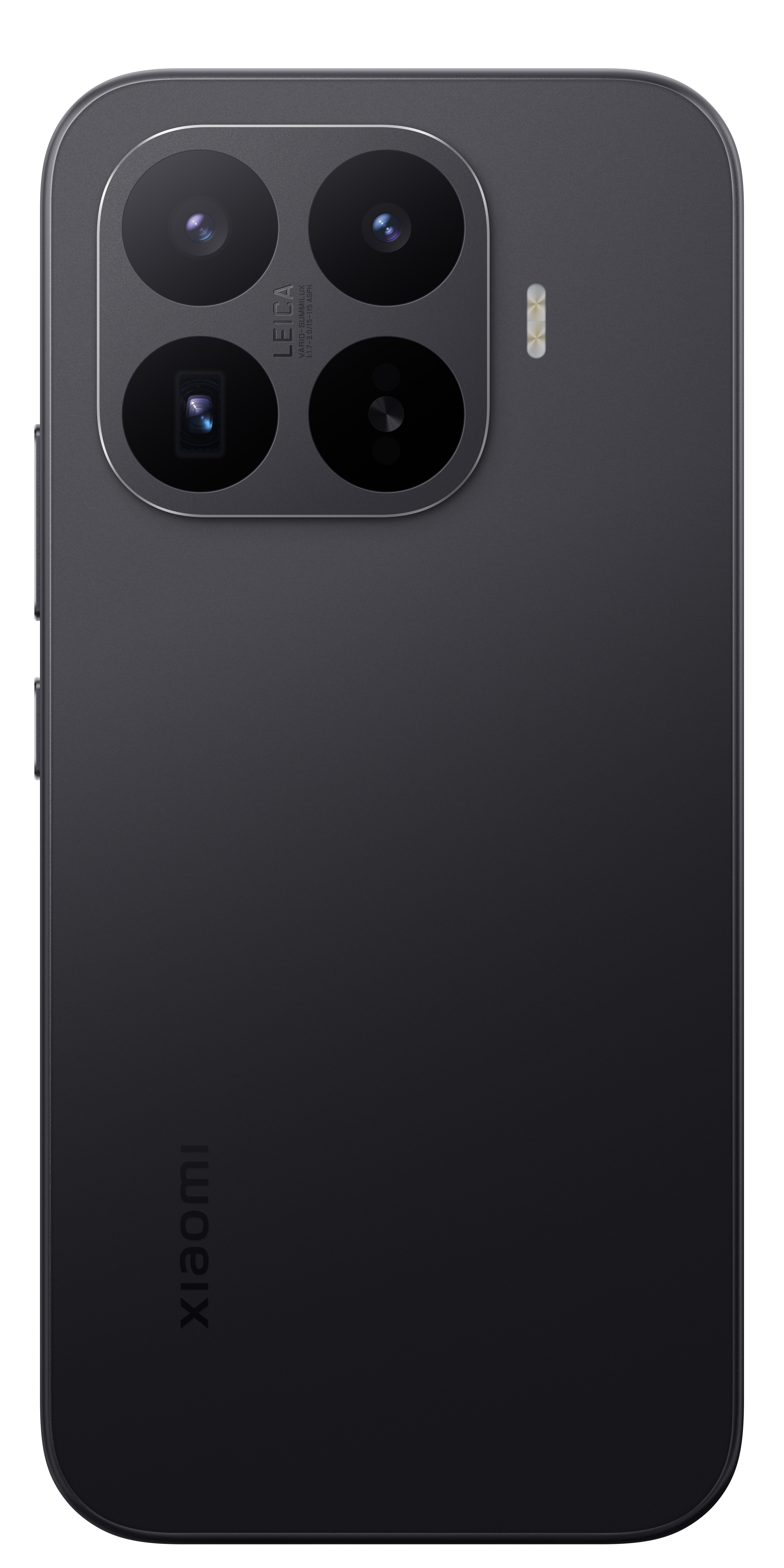 Rückseite eines schwarzen Smartphones mit vier Leica-Kameras und Xiaomi-Logo.