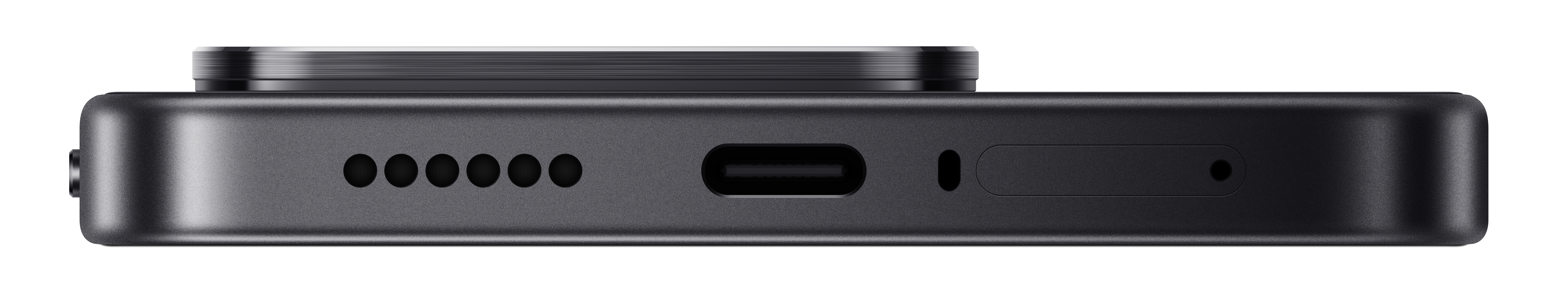 Draufsicht auf ein schwarzes Smartphone mit USB-C-Anschluss und Lautsprecheröffnungen.