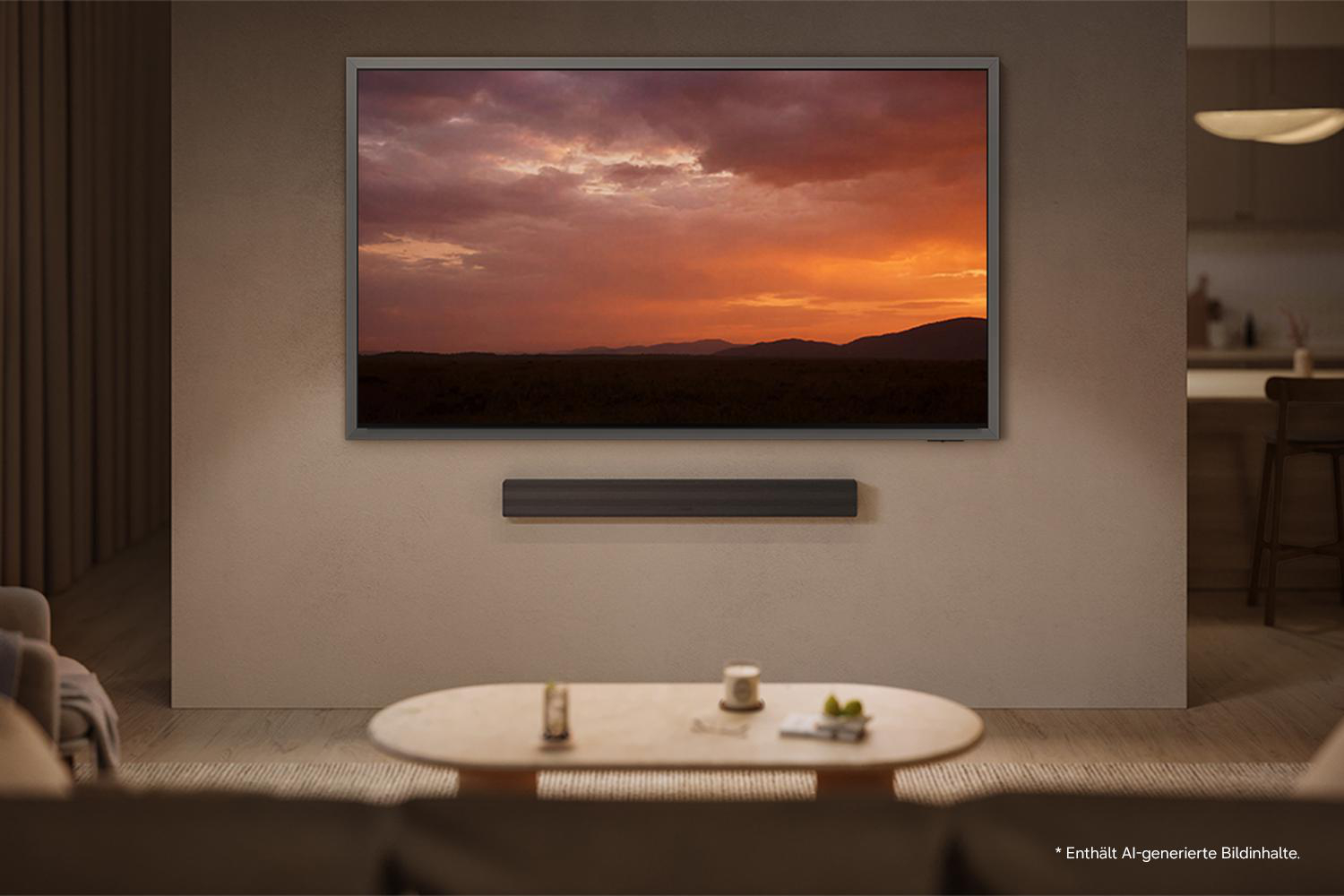 Ein großes Fernsehgerät zeigt einen dramatischen Sonnenuntergang über Bergen. Darunter ist eine schmale Soundbar.