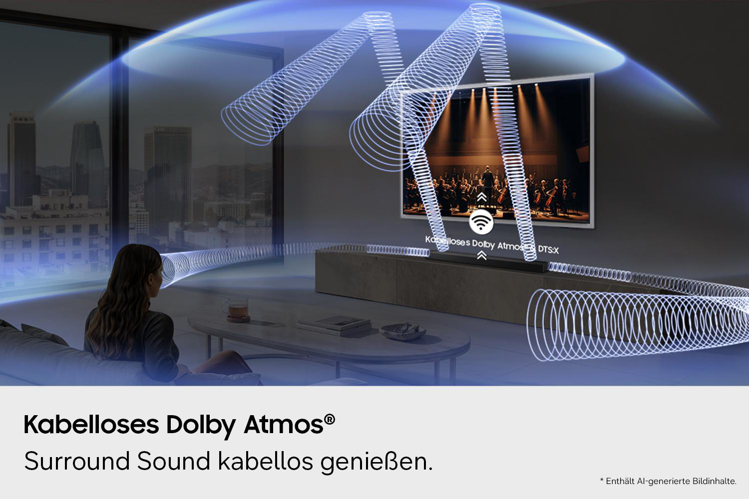 Frau hört Musik mit Dolby Atmos Surround Sound über ein kabelloses System.