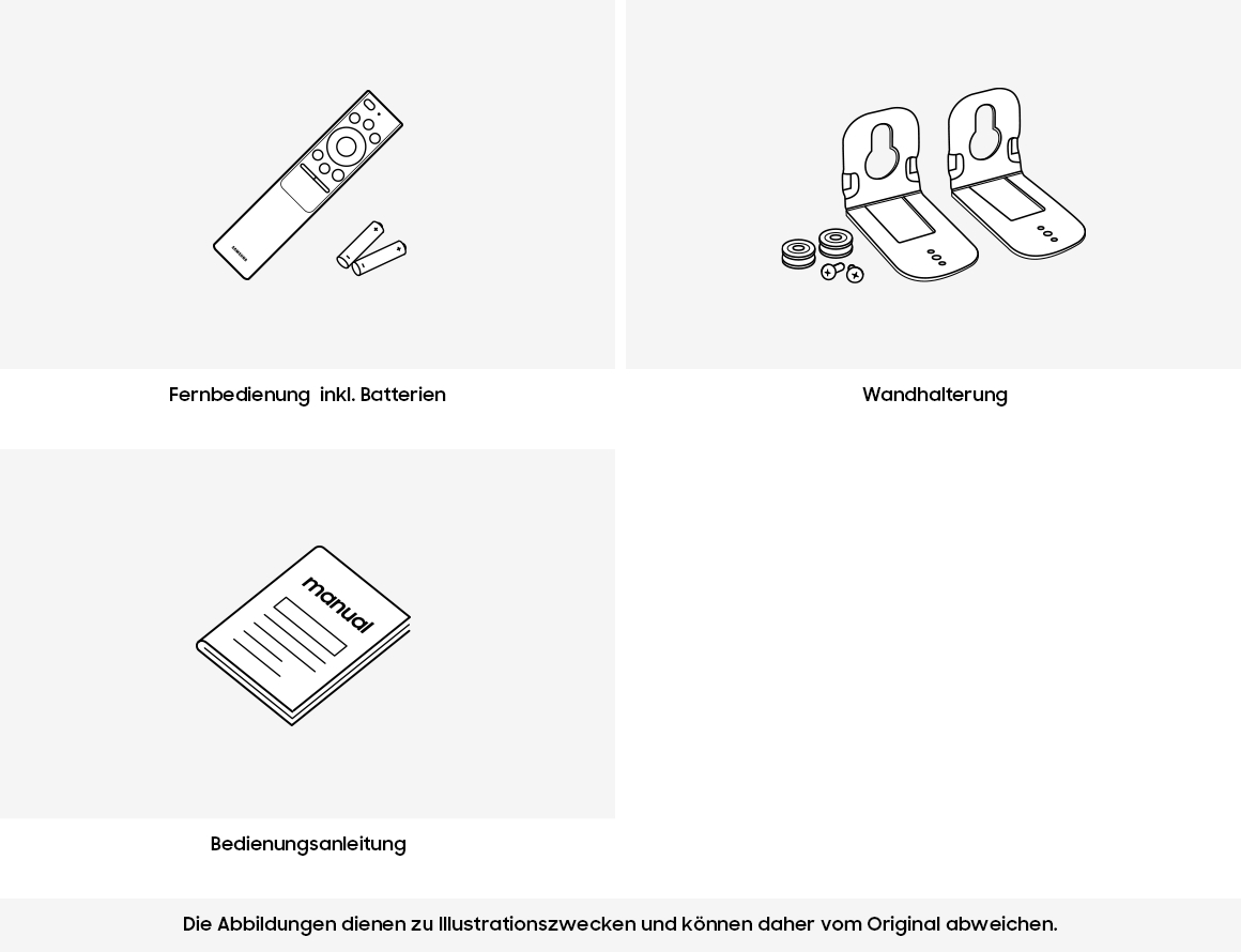 Fernbedienung, Batterien, Wandhalterung und Bedienungsanleitung.