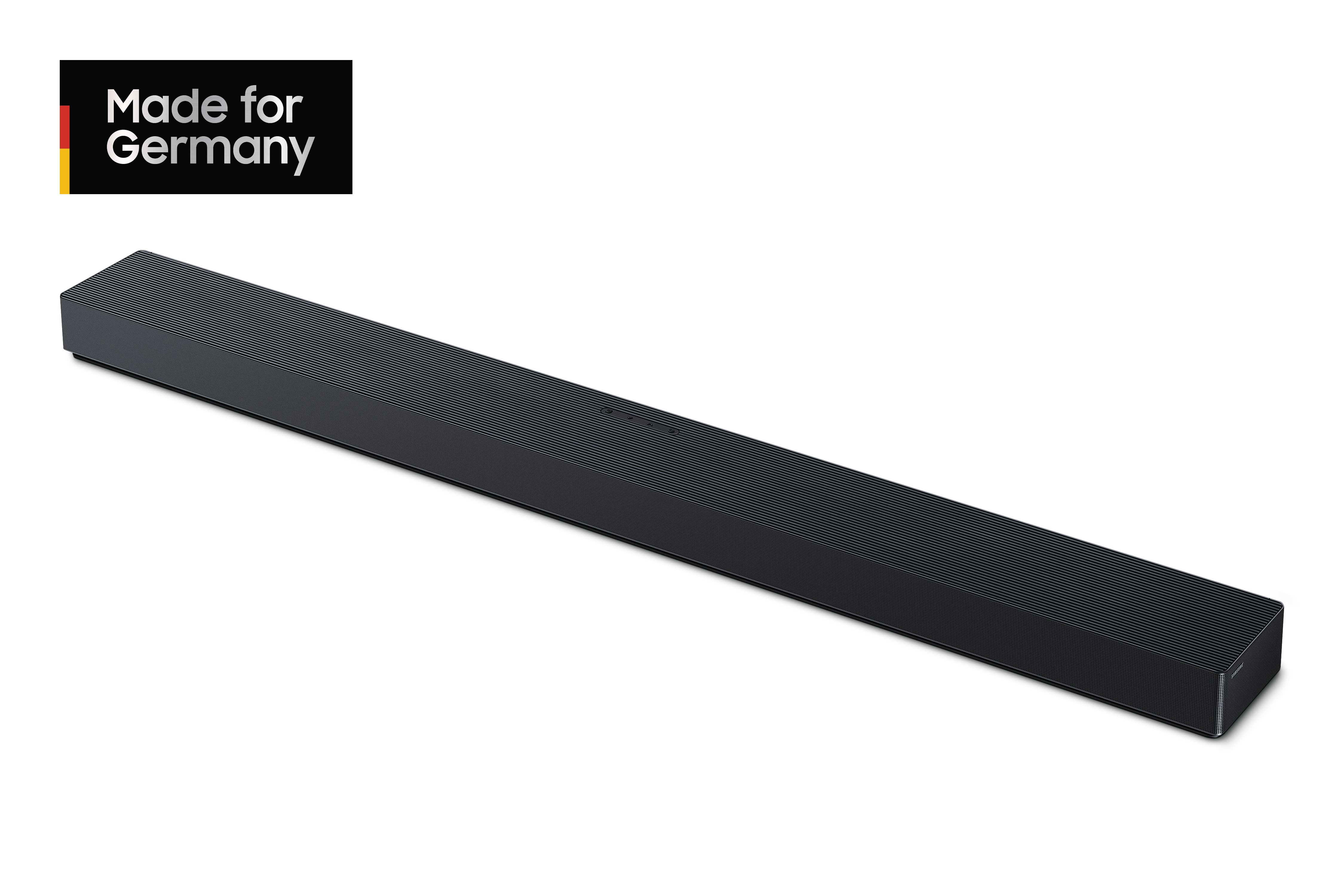Schwarzer Soundbar mit geriffelter Oberseite und „Made for Germany“-Logo.