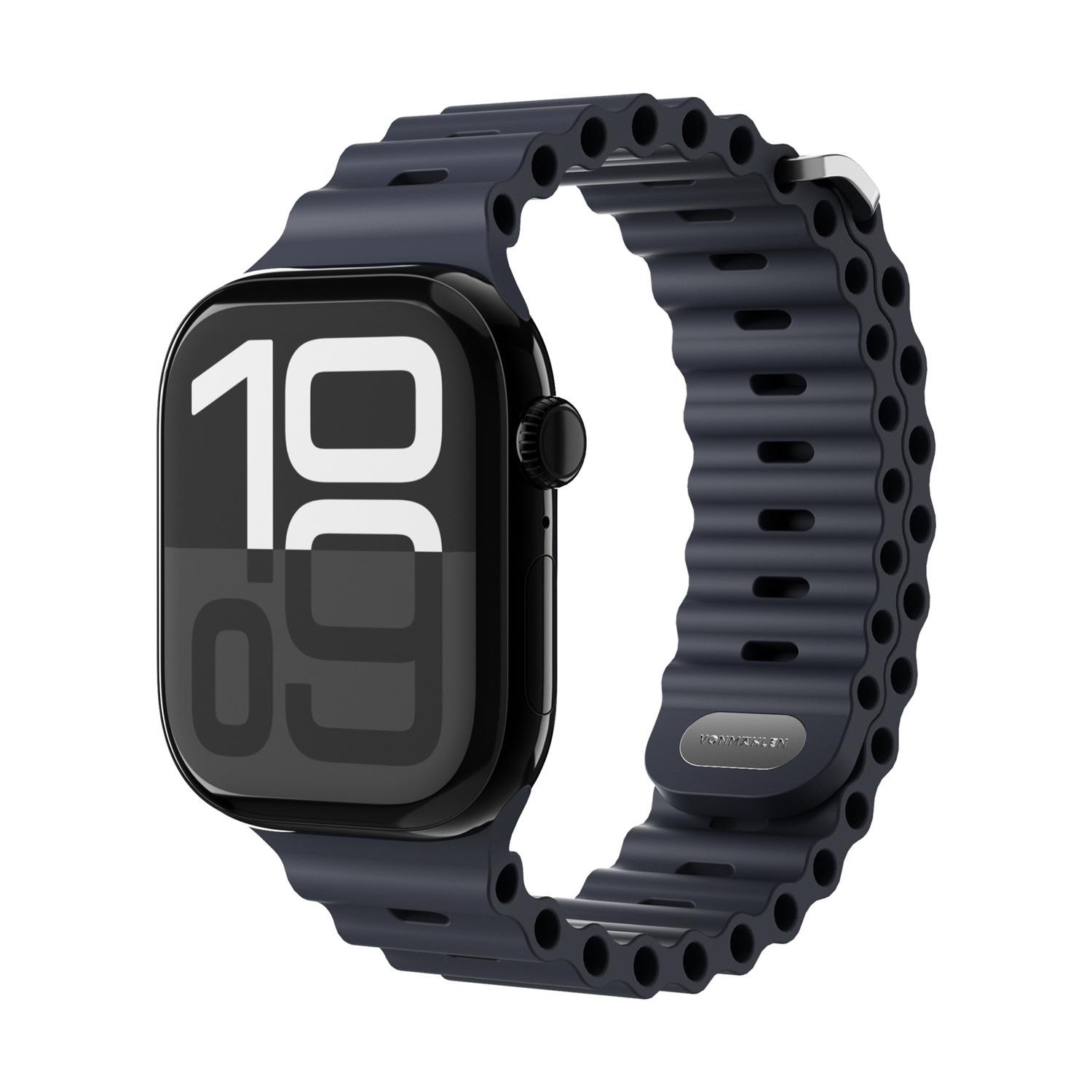 Uno smartwatch scuro con cinturino nero a coste e fori.