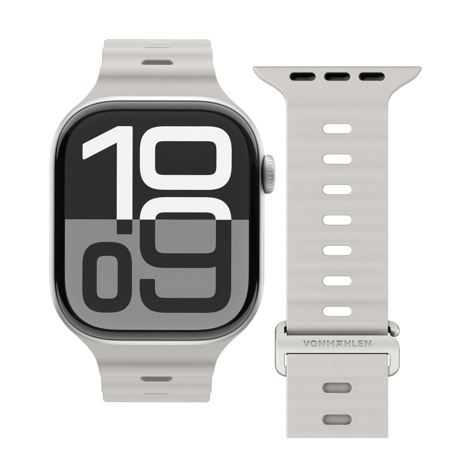 Uno smartwatch grigio chiaro che mostra le 10:09 sul suo schermo, con un cinturino separato.