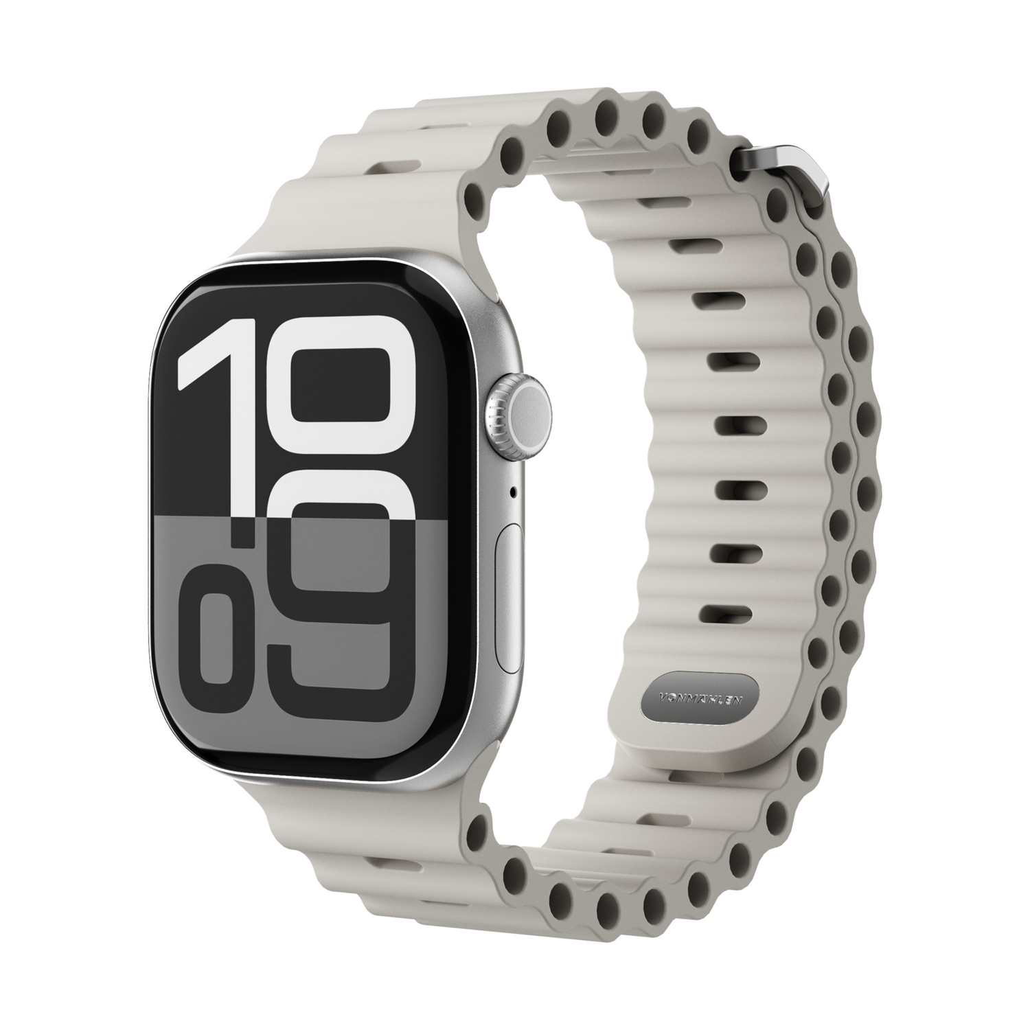 Uno smartwatch grigio chiaro mostra le 10:09, collegato a un cinturino scanalato.