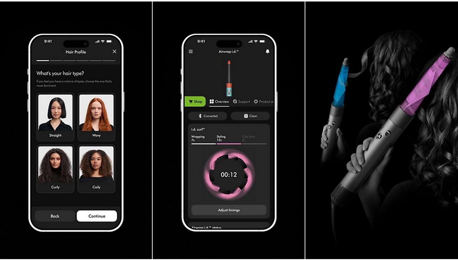 Trois images : App mobile avec sélection du type de cheveux, écran de contrôle de l'appli et boucleurs avec lumière bleue/rose.
