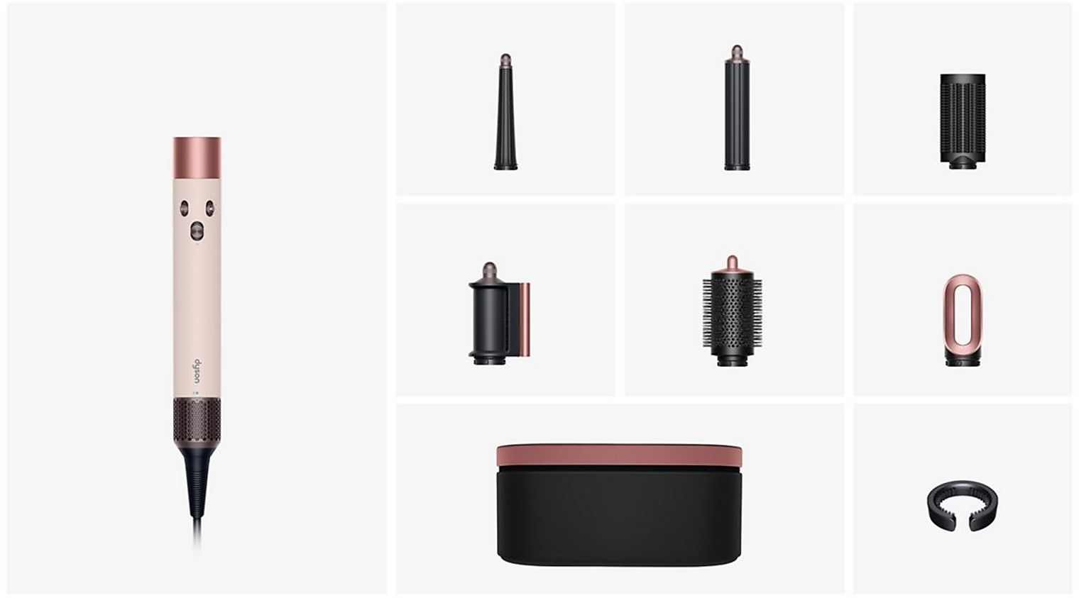 Sèche-cheveux Dyson avec accessoires : appareil principal, têtes et boîte.