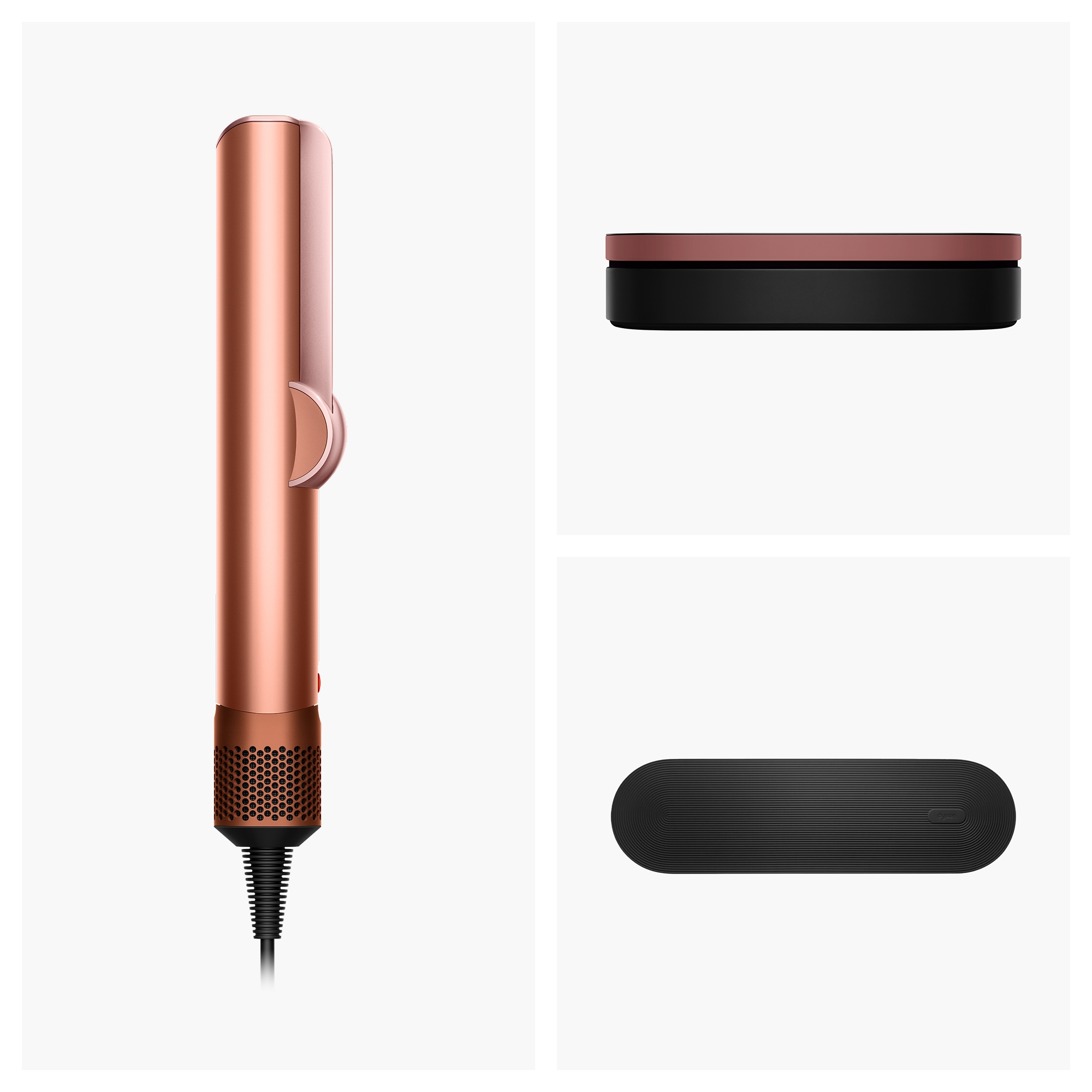 Un coiffeur rose doré avec cordon noir et une base de chargement noire.