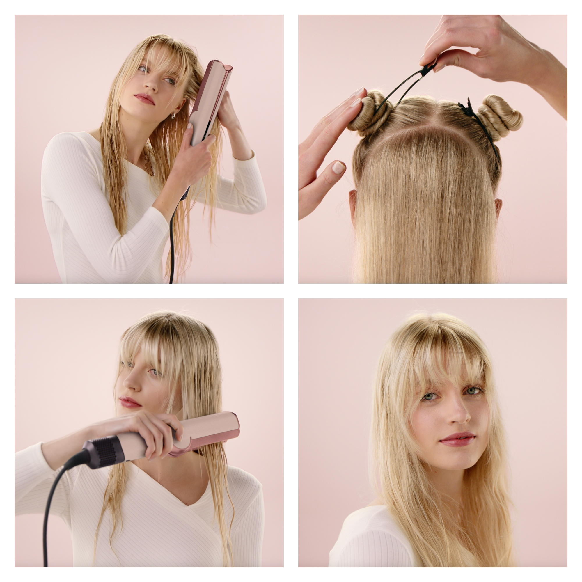 Femme lissant des cheveux mouillés au fer plat, séchant et sectionnant pour coiffure.