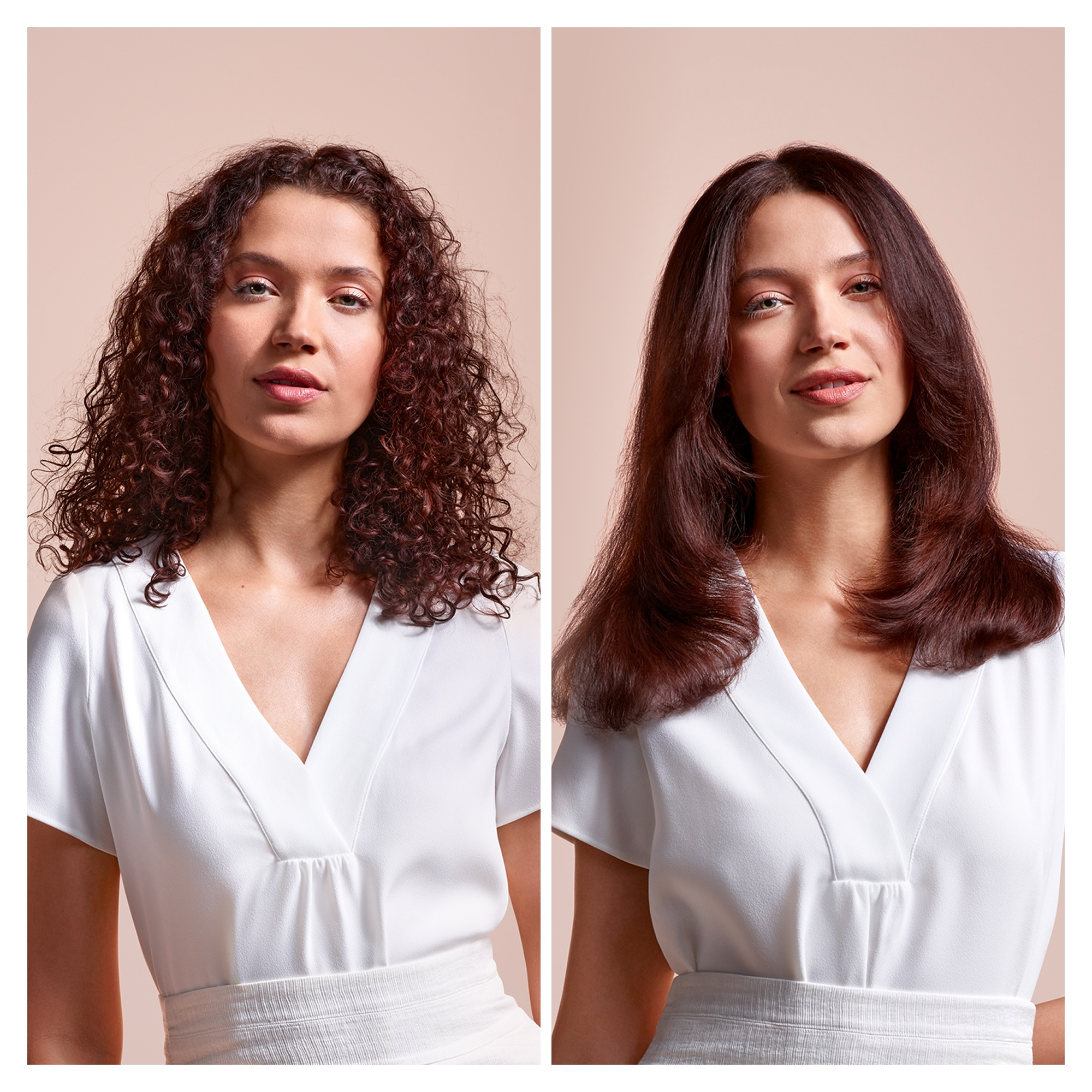 Image divisée avant/après : cheveux frisés vs. lisses, femmes en hauts blancs.