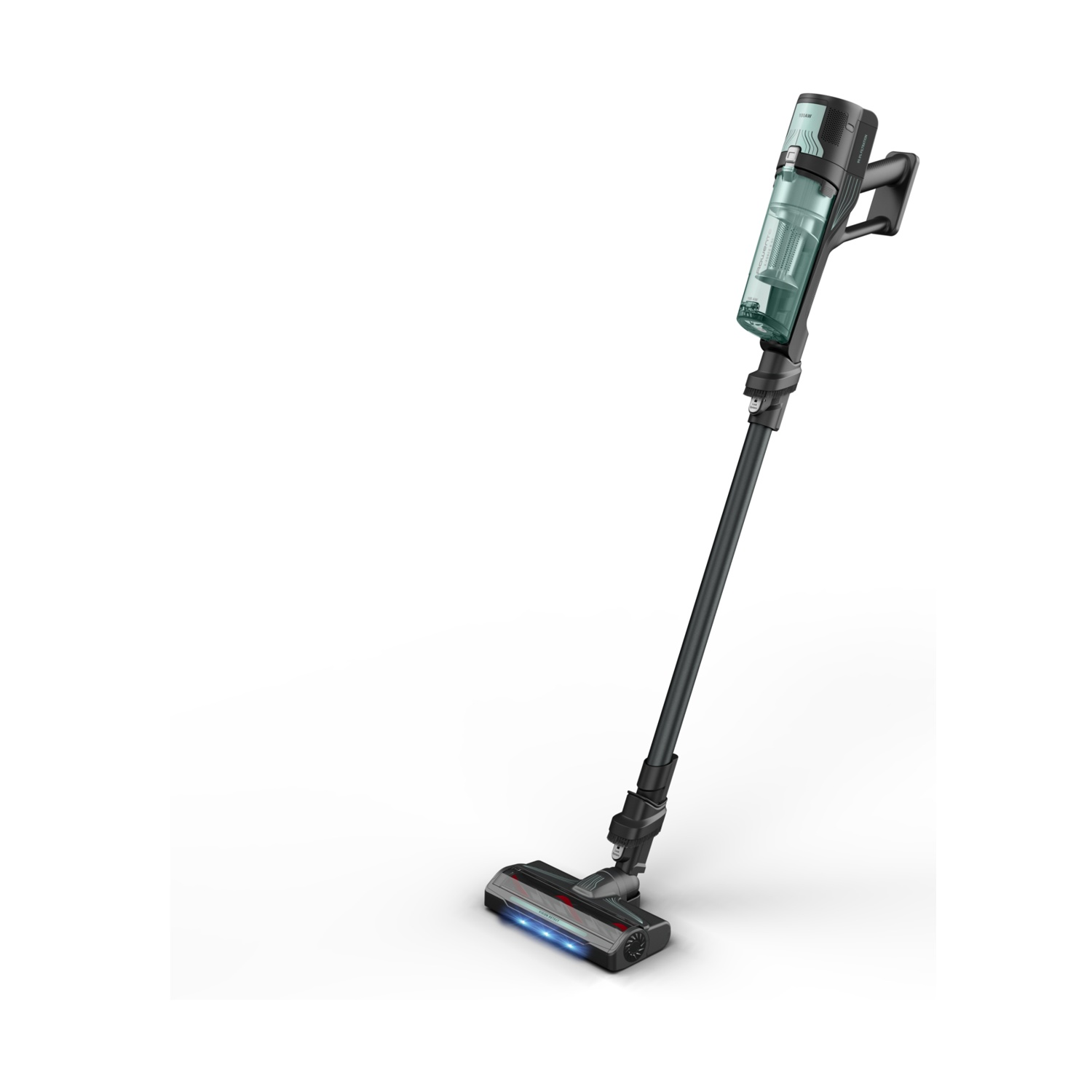 Un aspirapolvere senza fili nero con serbatoio polvere verde su sfondo bianco.