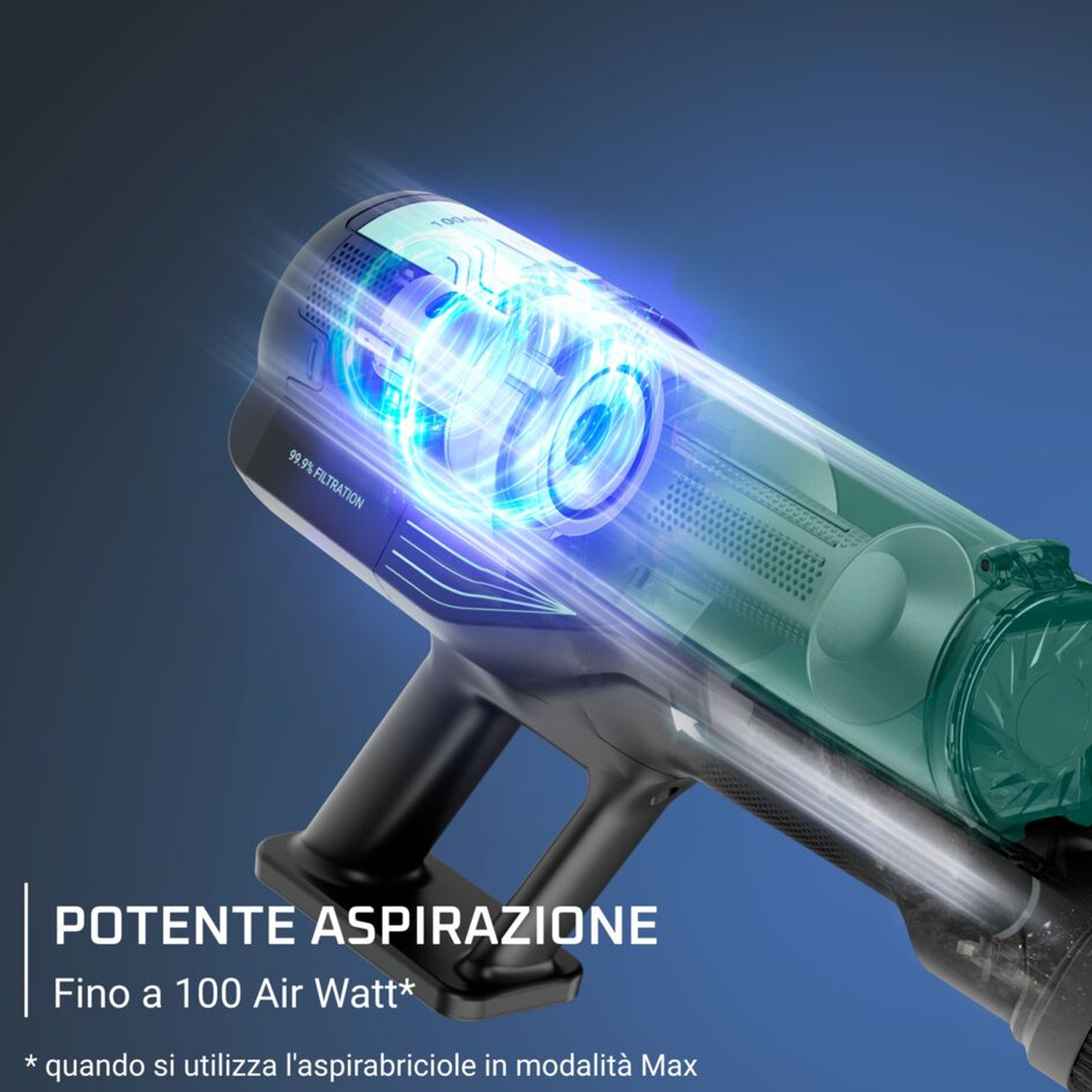 Primo piano di un aspirapolvere senza fili con effetti di luce blu, che mostra il 99,9% di filtrazione.