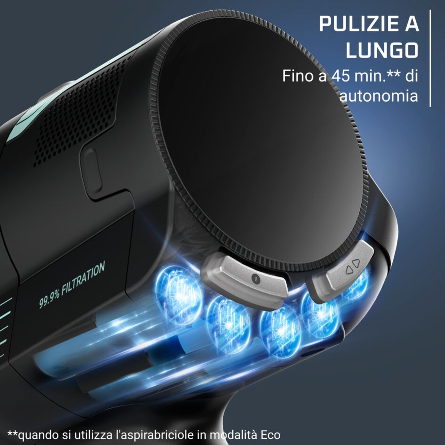 Primo piano di un accessorio per aspirapolvere nero con luci blu e testo.
