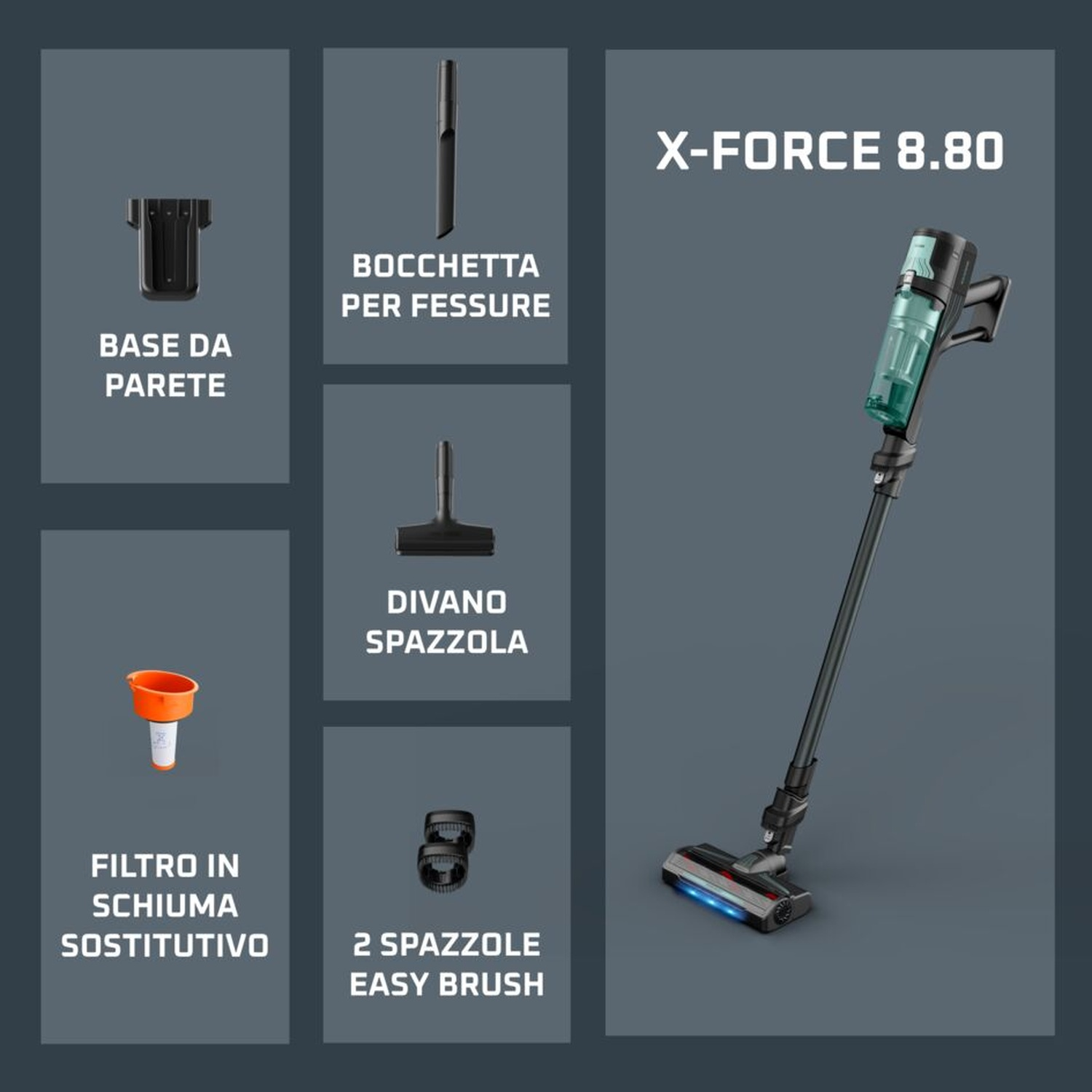 L'aspirapolvere X-Force 8.80 con accessori: base parete, bocchetta fessure, divano, filtro, spazzole.