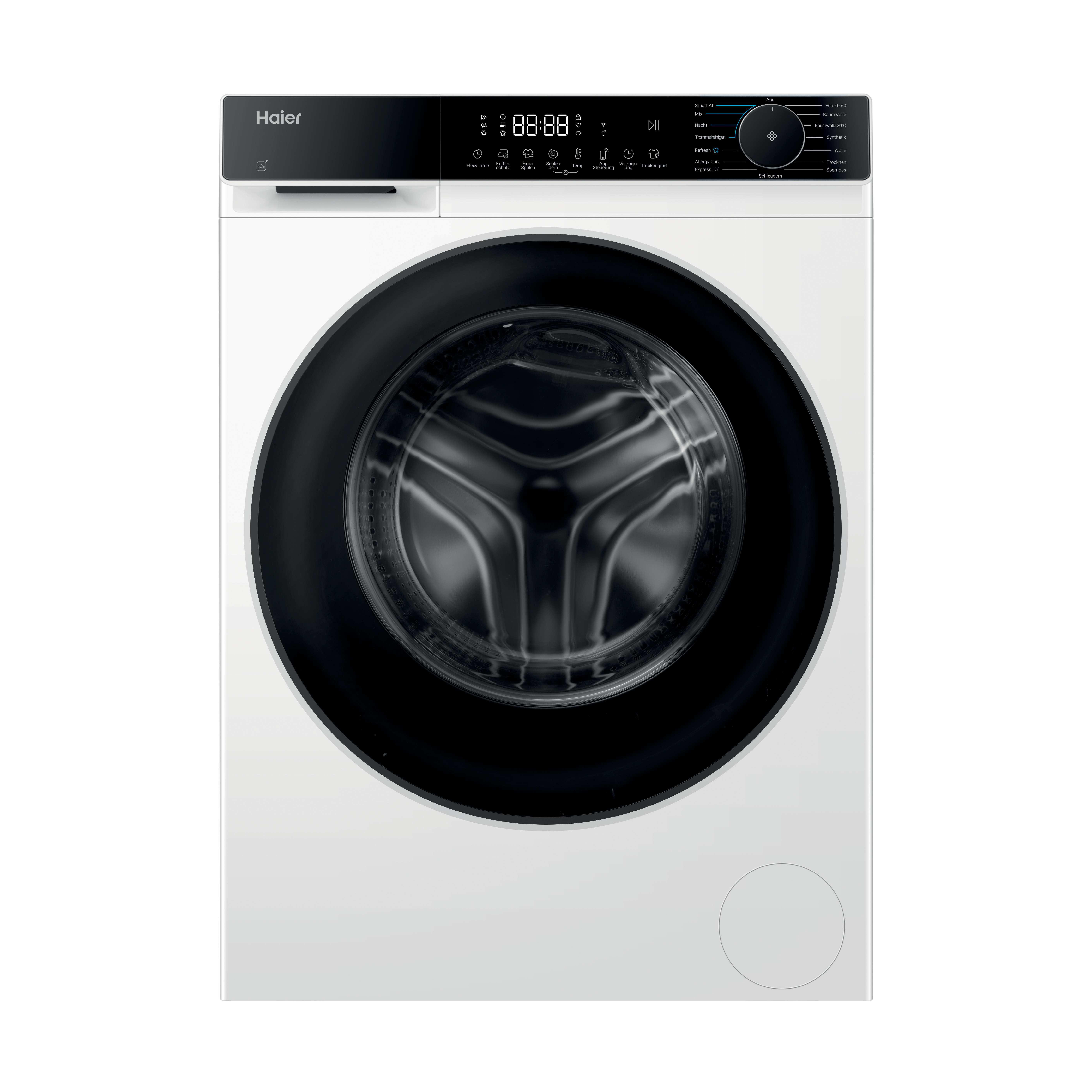 Eine weiße Haier Waschmaschine mit schwarzer Tür und Bedienfeld.
