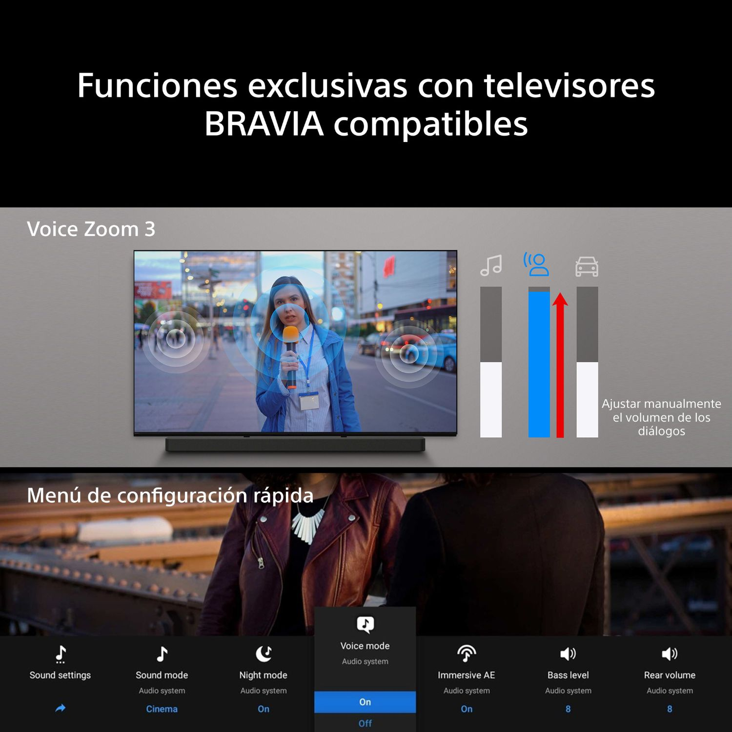 Funciones exclusivas (Voice Zoom 3 y Menú de configuración rápida) con TVs BRAVIA compatibles.