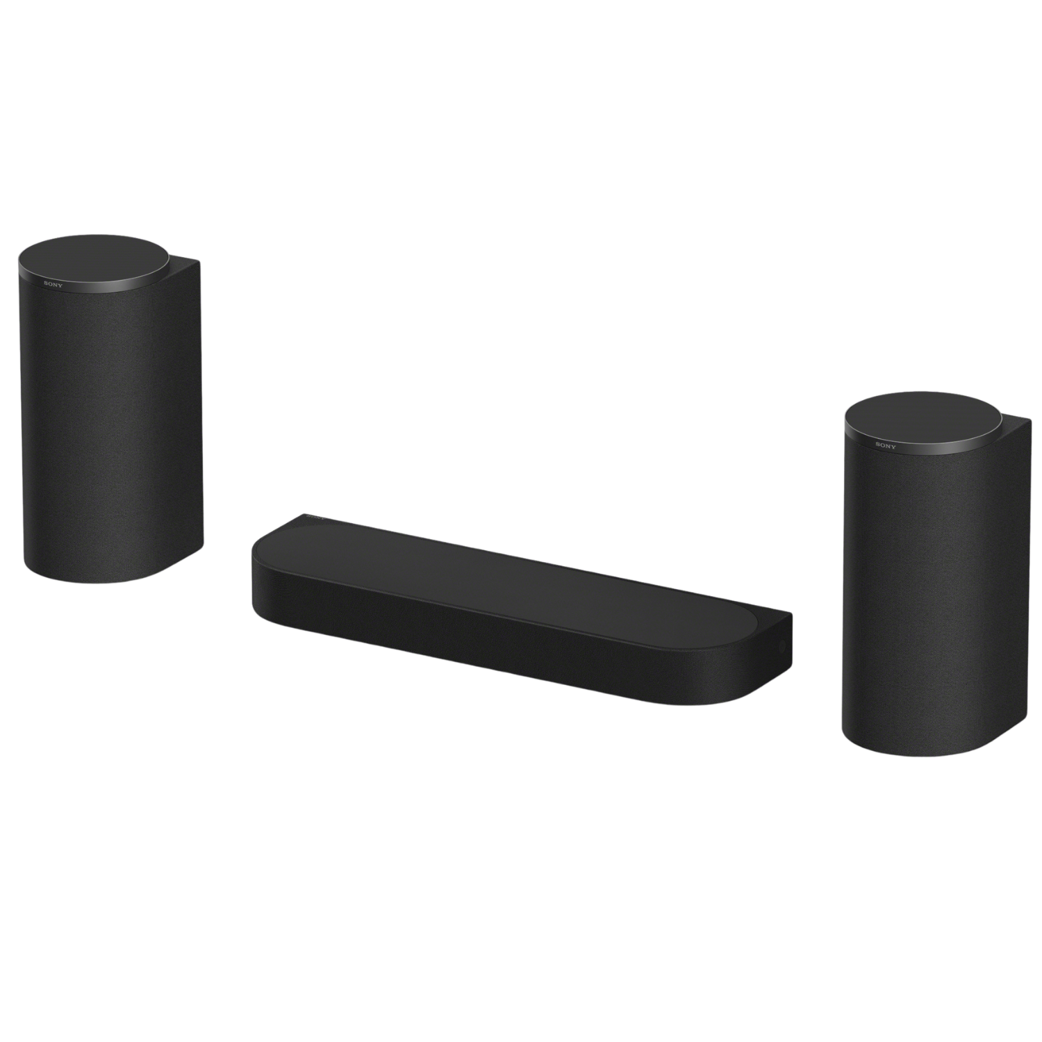 Tres altavoces negros Sony sobre fondo negro.