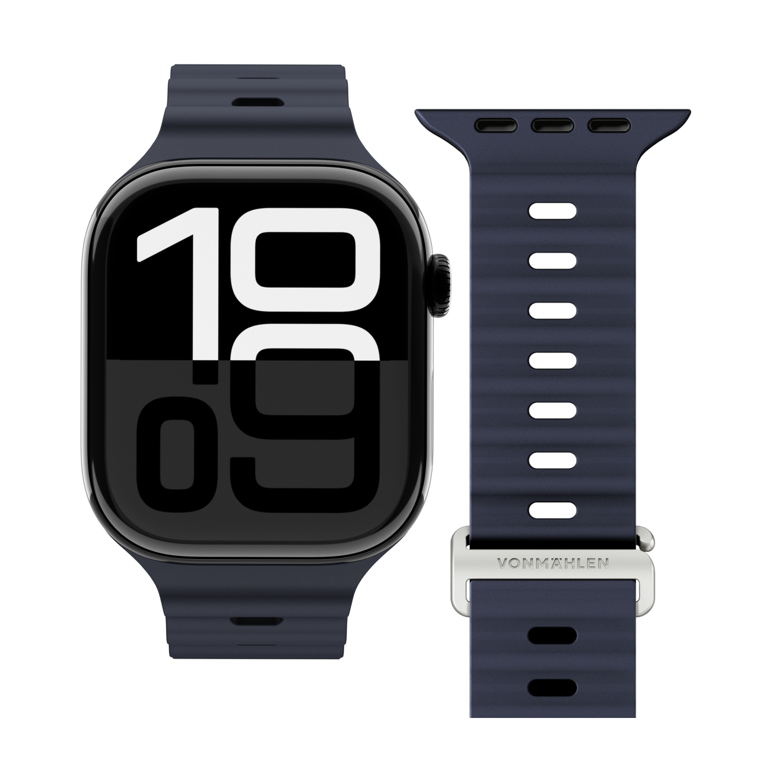 Uno smartwatch blu scuro con display digitale e cinturino separato.