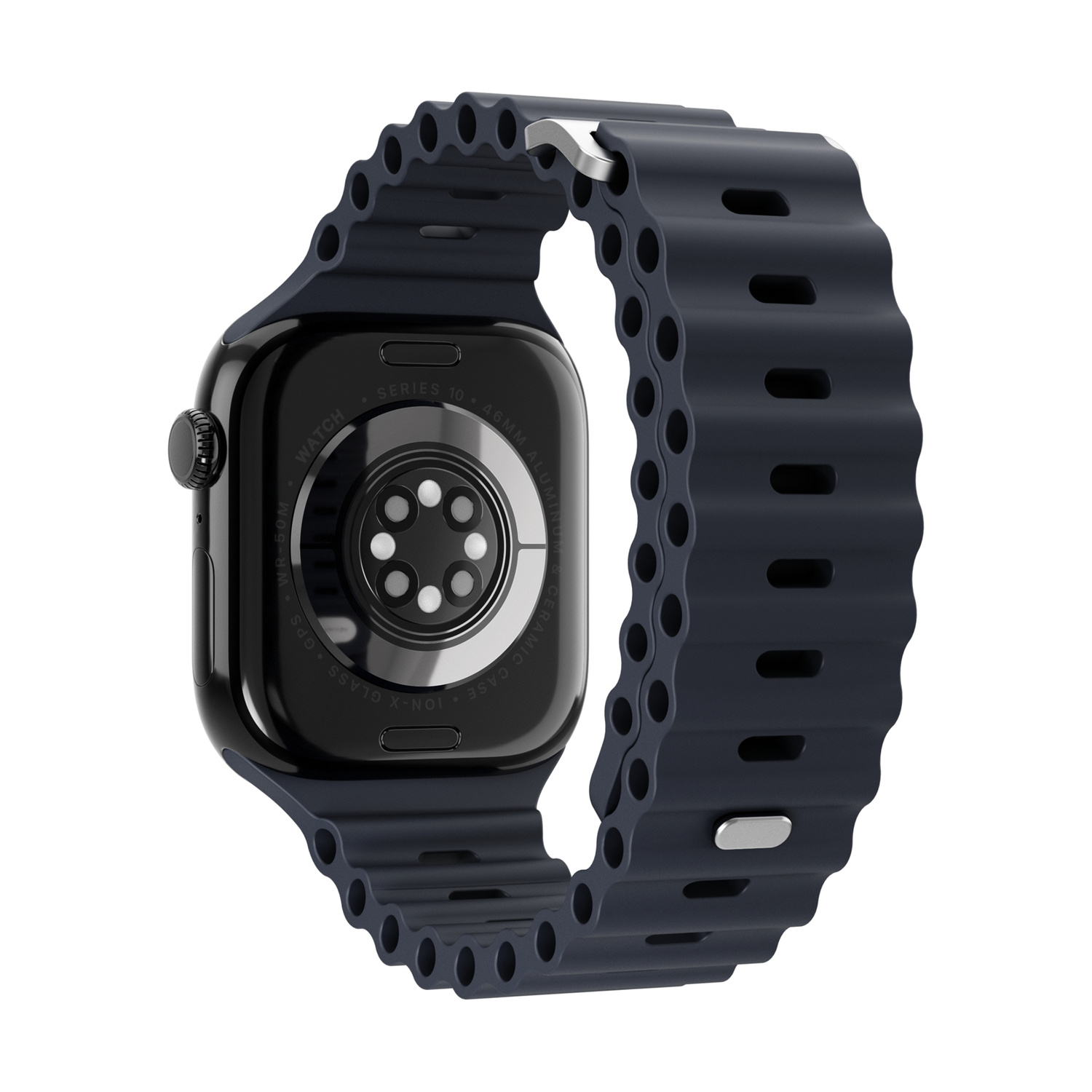Smartwatch grigio scuro con cinturino ondulato, vista posteriore.