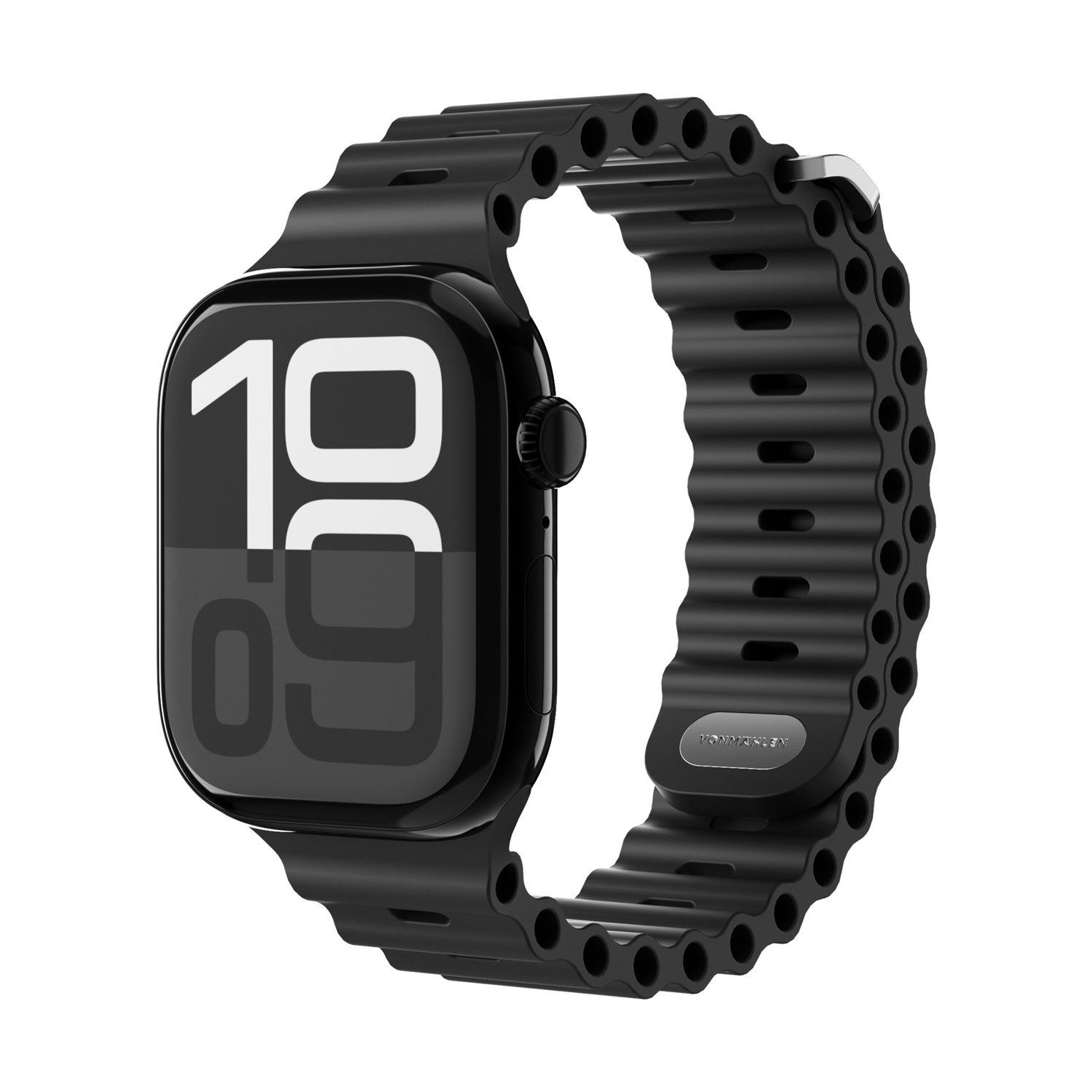 Uno smartwatch nero con cinturino ondulato e orario digitale 10:09.