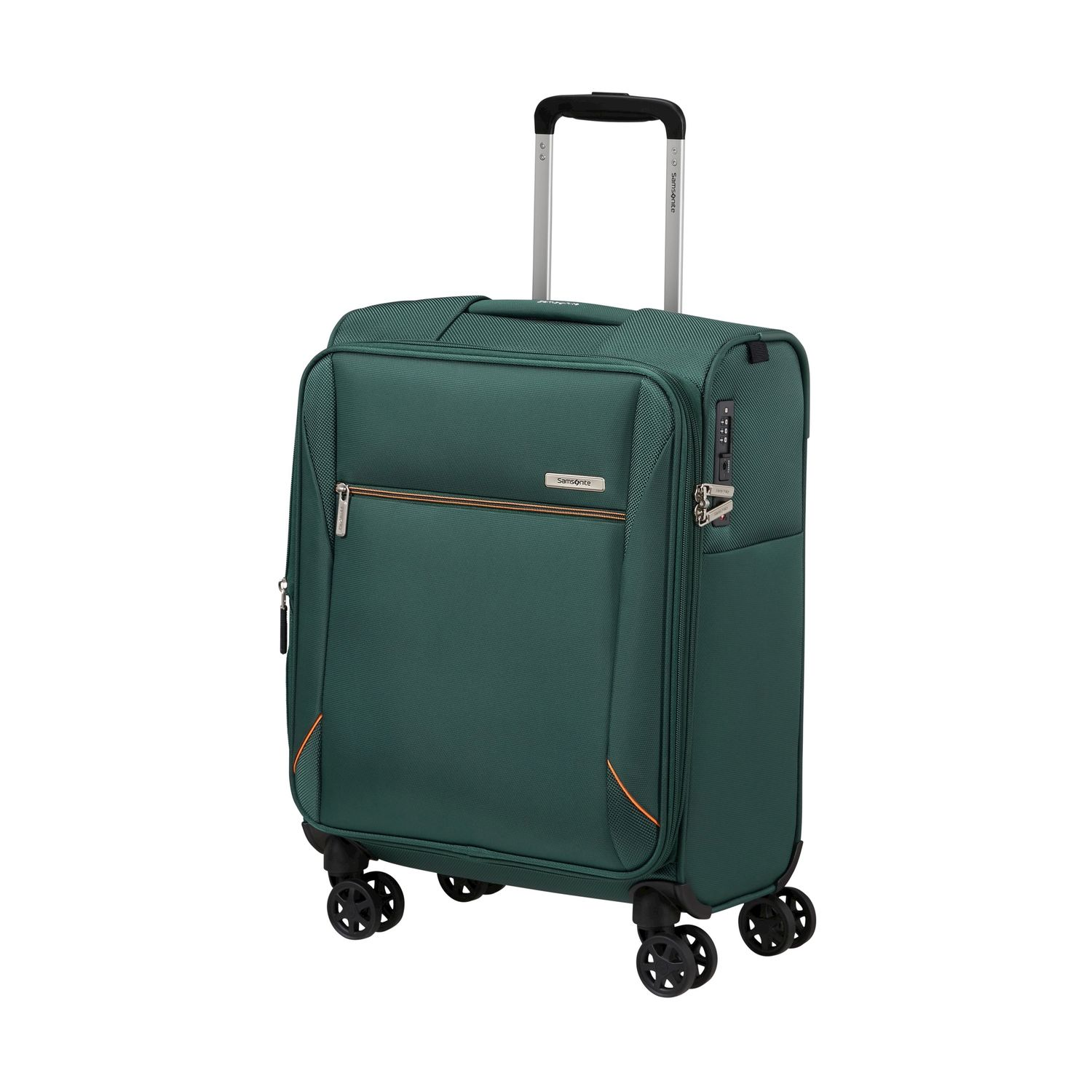 Una valigia verde Samsonite con manico estensibile e quattro ruote.
