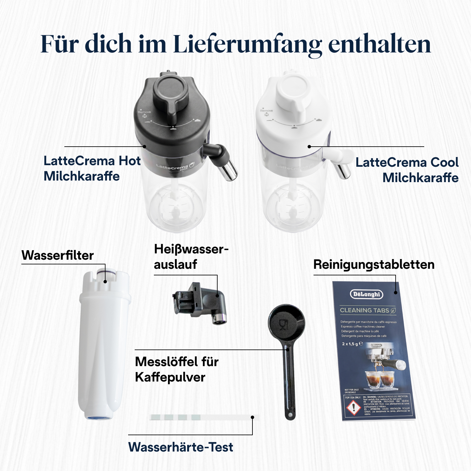 Kaffeemaschinenzubehör: Milchkaraffen, Wasserfilter, Auslauf, Löffel, Reinigungstabletten.