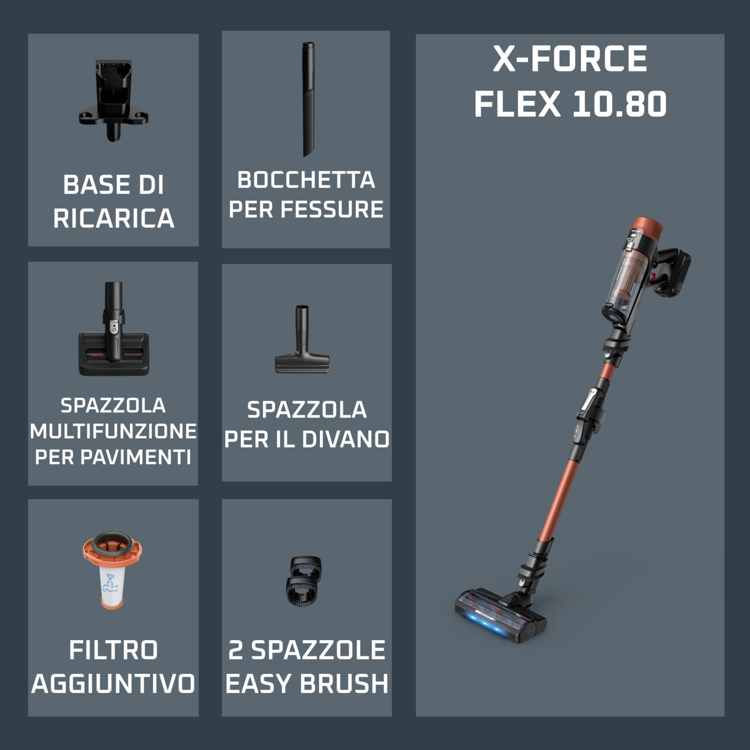 Aspirapolvere X-Force Flex 10.80 con accessori: base di ricarica, bocchetta fessure, spazzola pavimenti, divano.