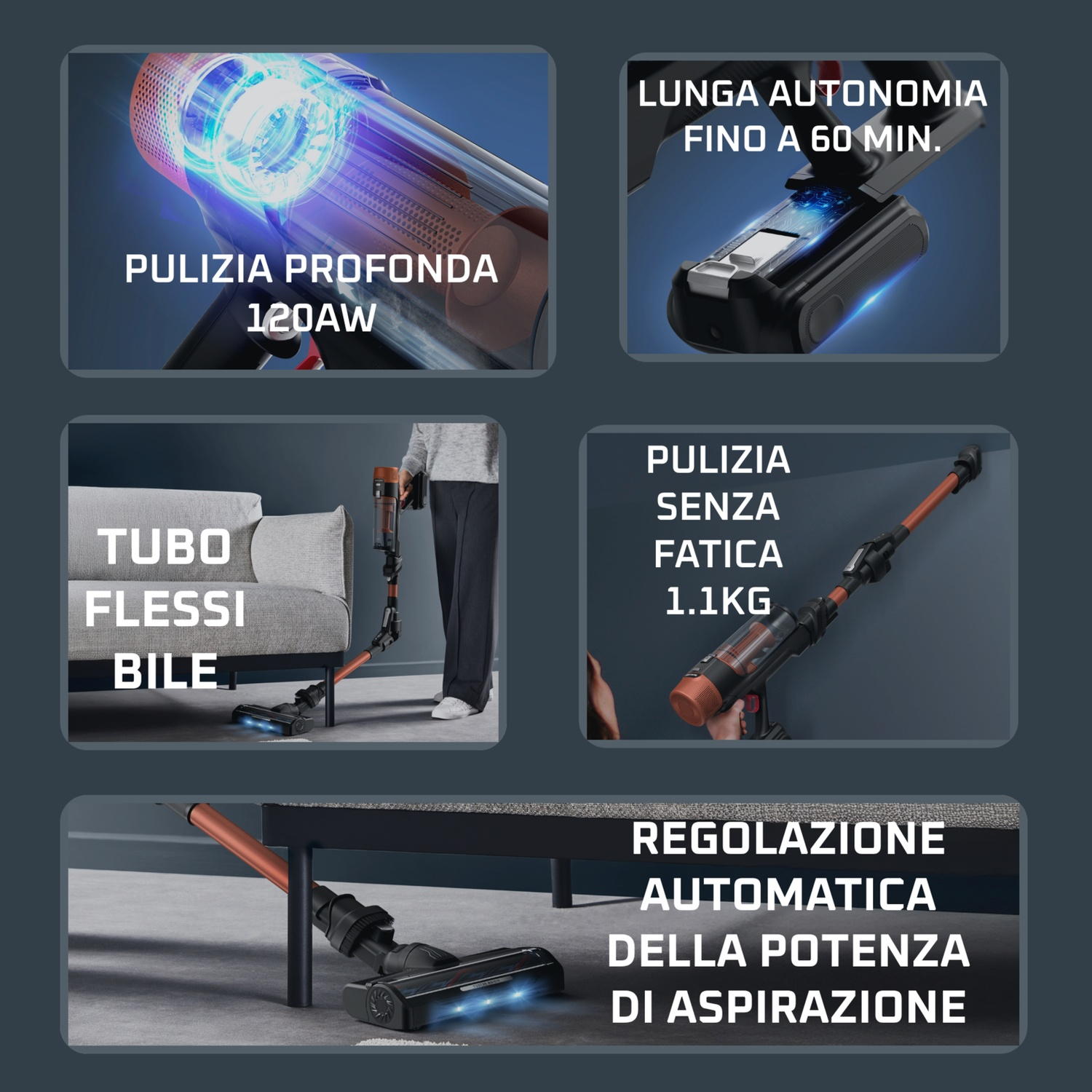 Primo piano di una testina aspirapolvere con luci blu che pulisce un tappeto.