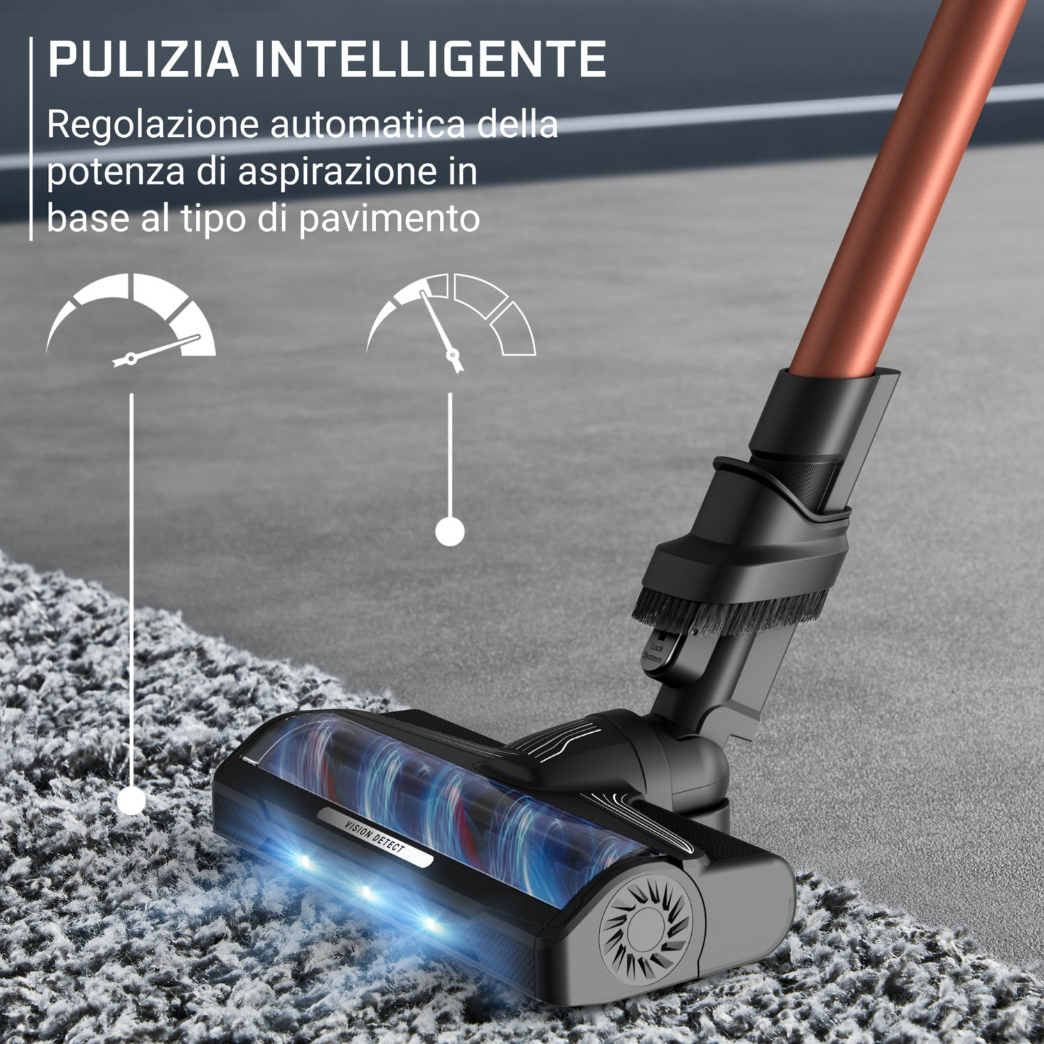 Una testina aspirapolvere con luci brillanti aspira il tappeto. "Vision Detect".
