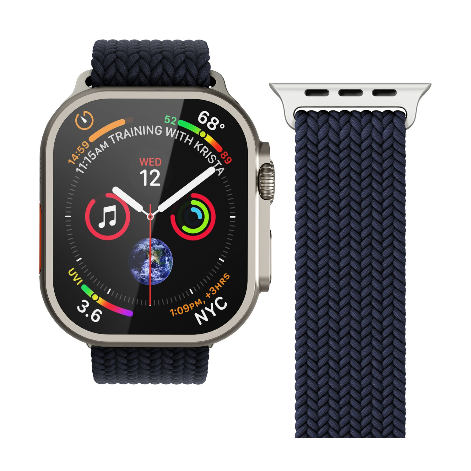 Uno smartwatch argentato con cinturino blu e quadrante con ora, data e meteo.