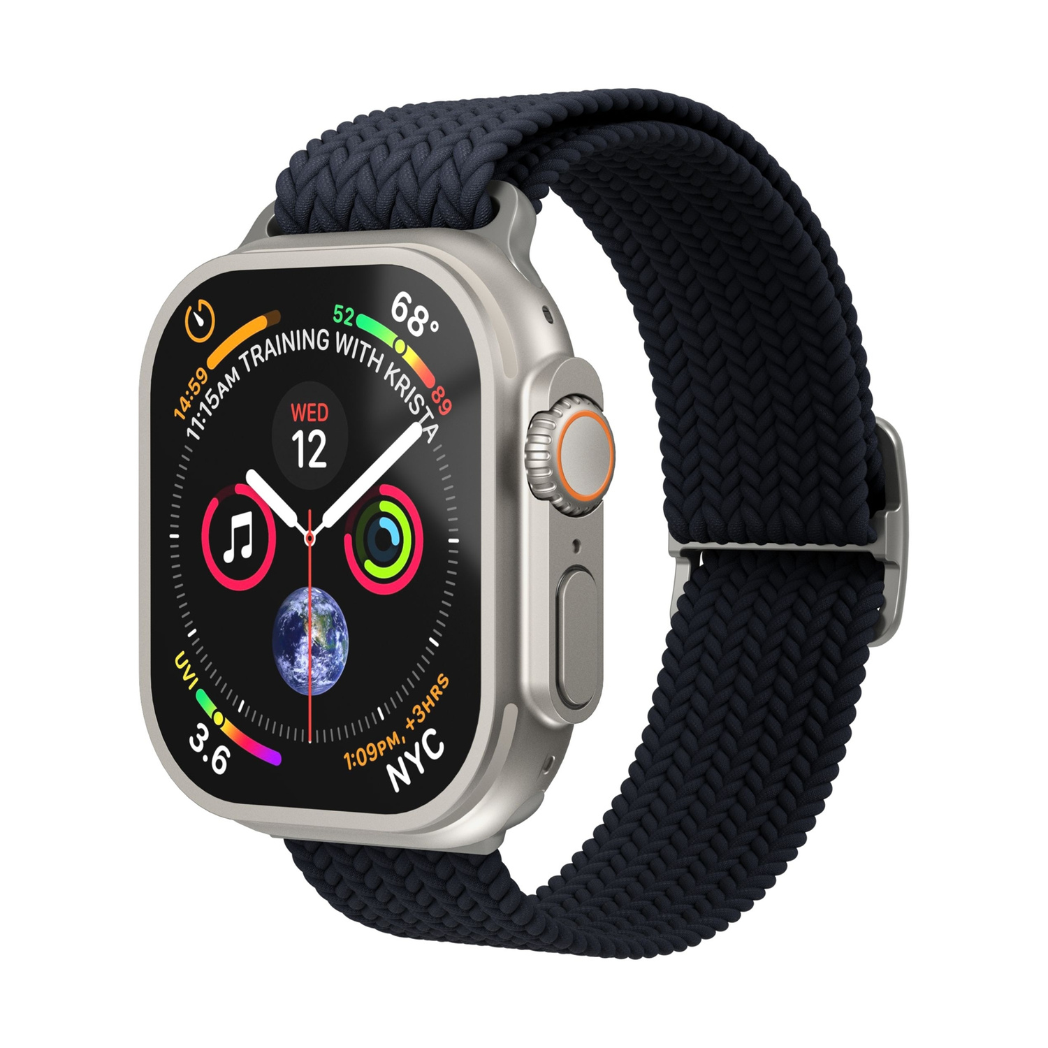 Uno smartwatch argentato con cinturino intrecciato scuro, che mostra ora e meteo.