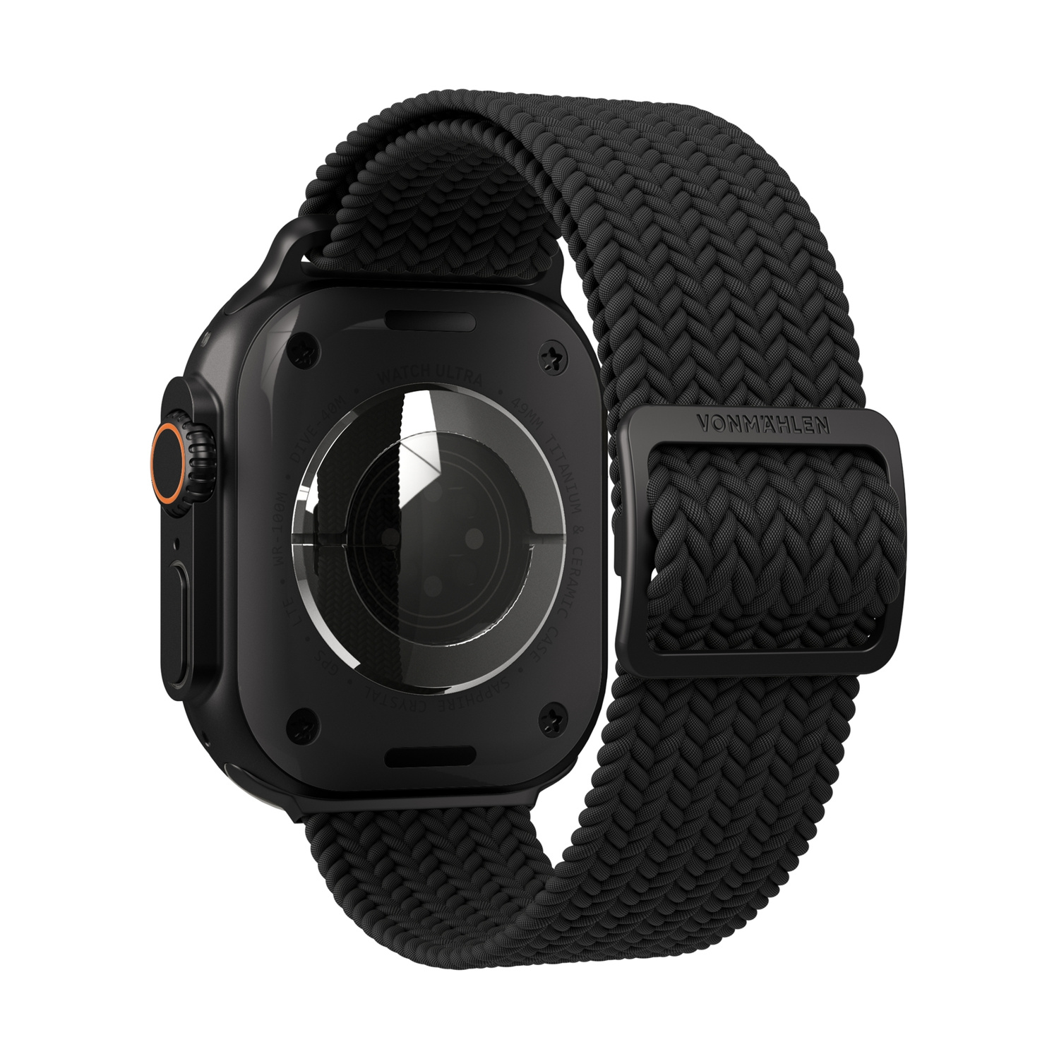 Smartwatch nera con cinturino intrecciato, che mostra retro e dettagli.