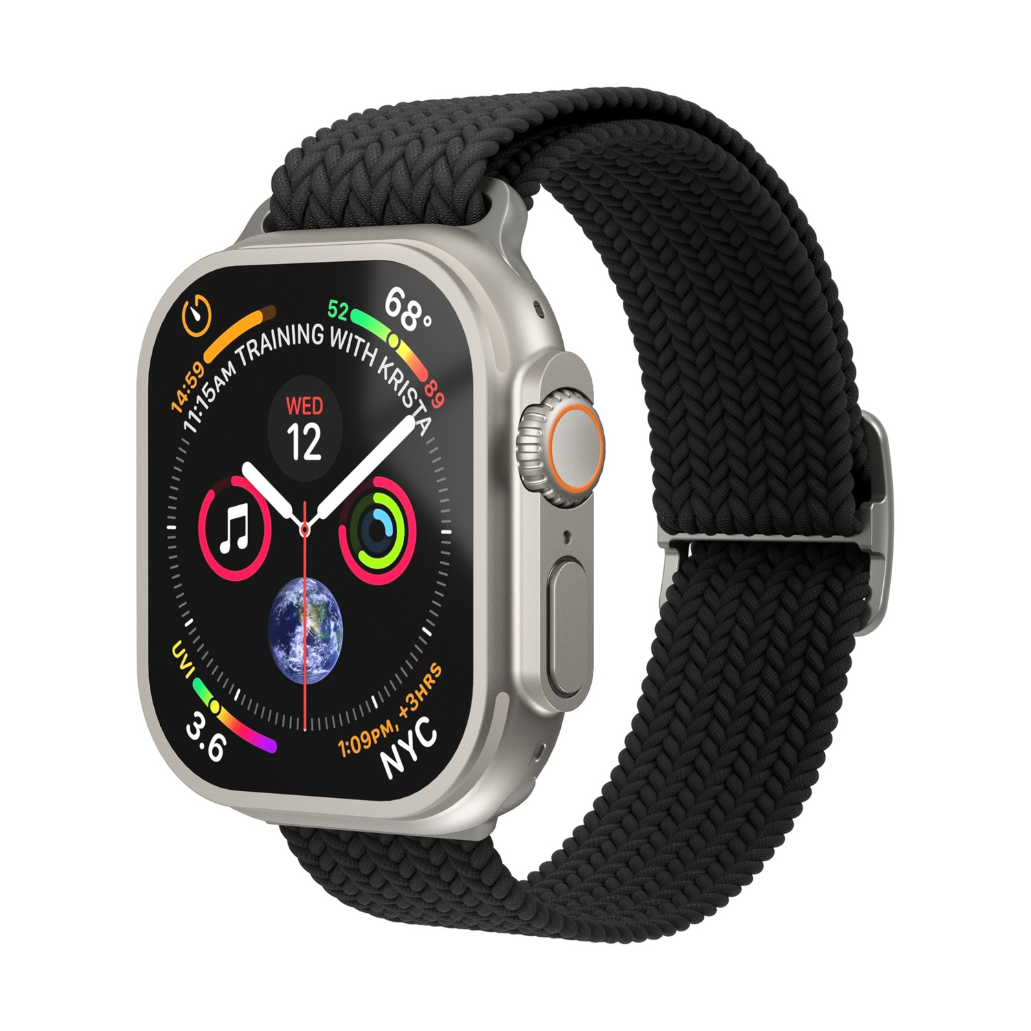 Uno smartwatch argentato con cinturino nero mostra ora, data e dati meteo.