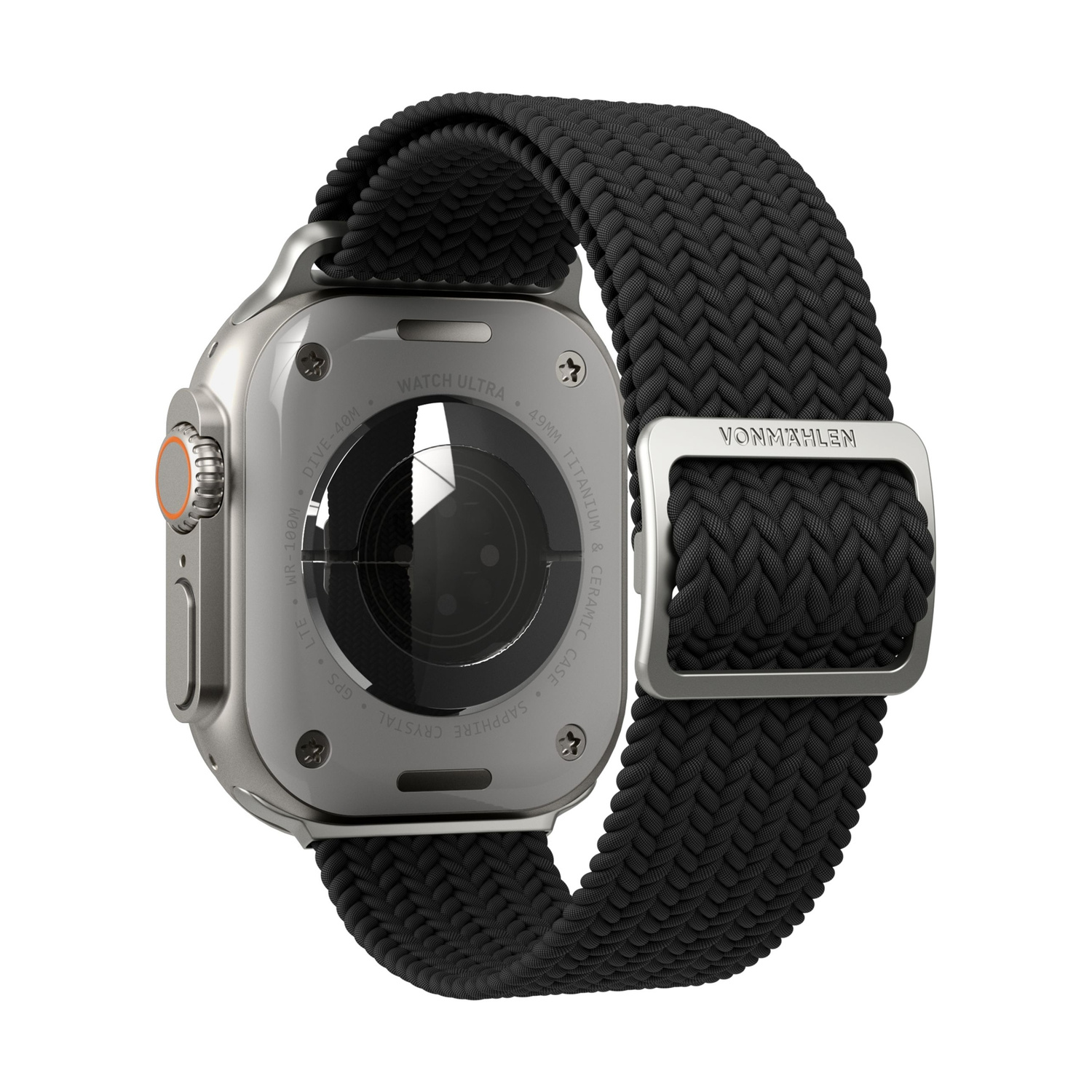 Smartwatch grigio con cinturino nero intrecciato e fibbia argentata.