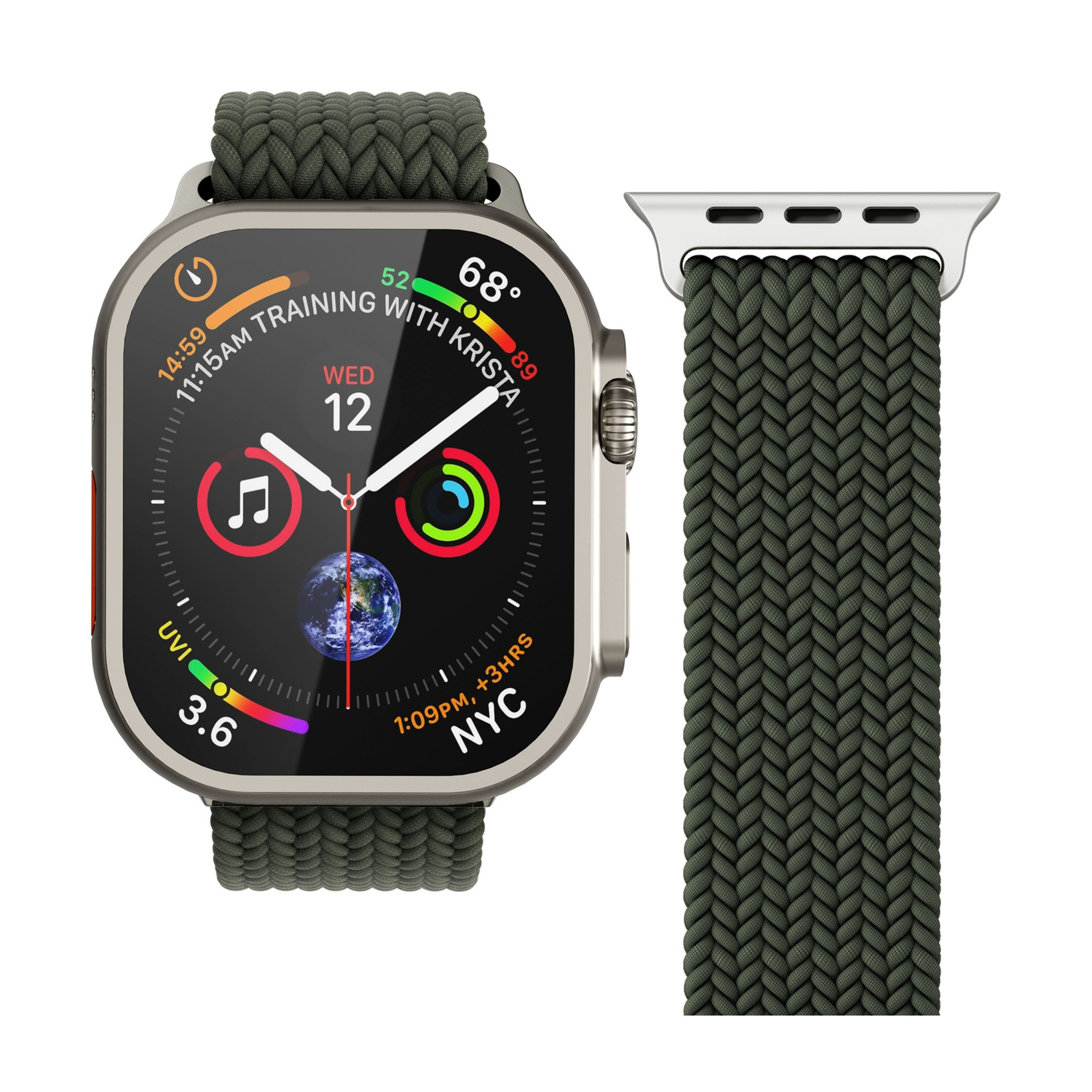 Un Apple Watch verde con cinturino intrecciato e metà cinturino separata.