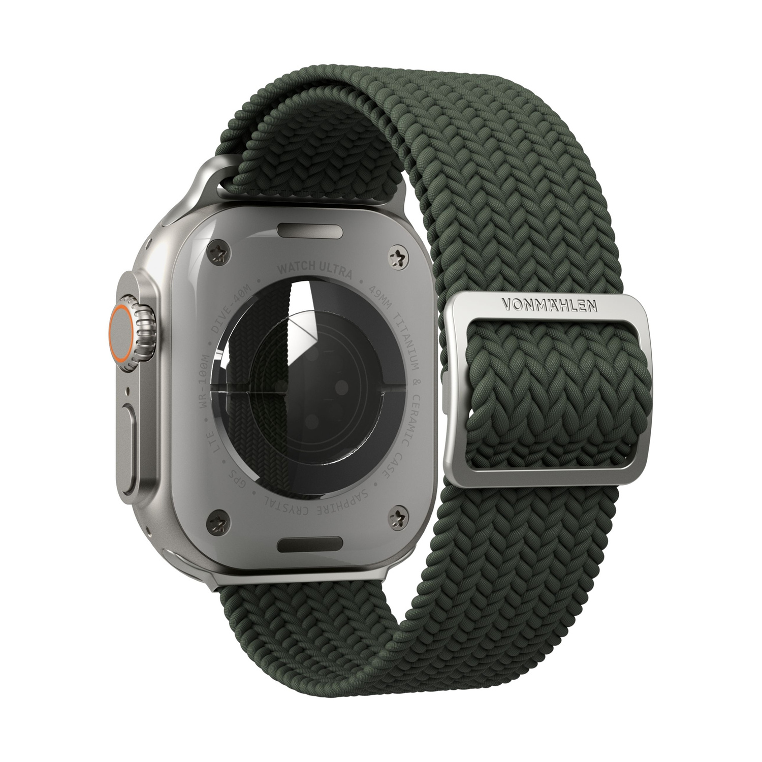 Uno smartwatch argentato con cinturino intrecciato verde e accenti arancioni, che mostra testo.