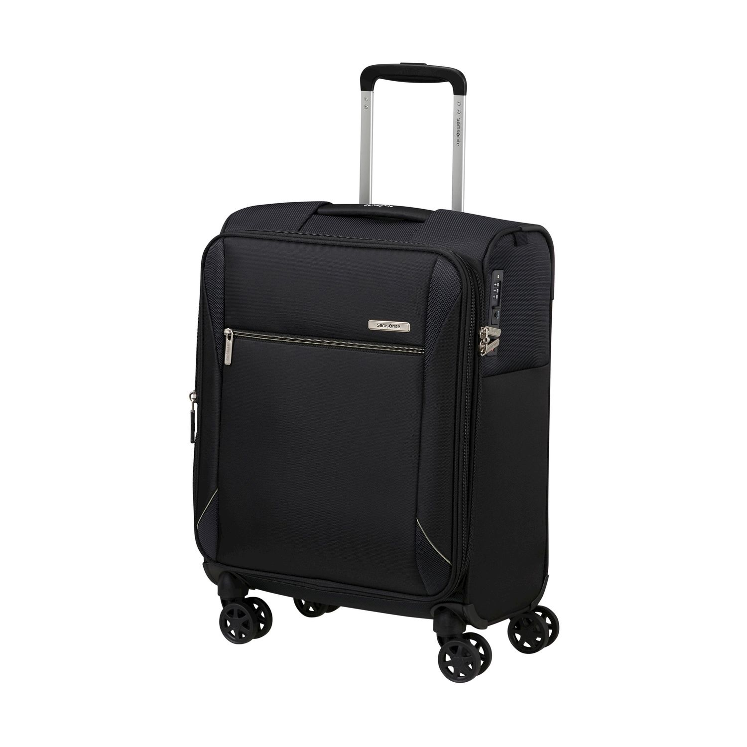 Una valigia Samsonite nera con manico estraibile argentato e quattro ruote piroettanti.