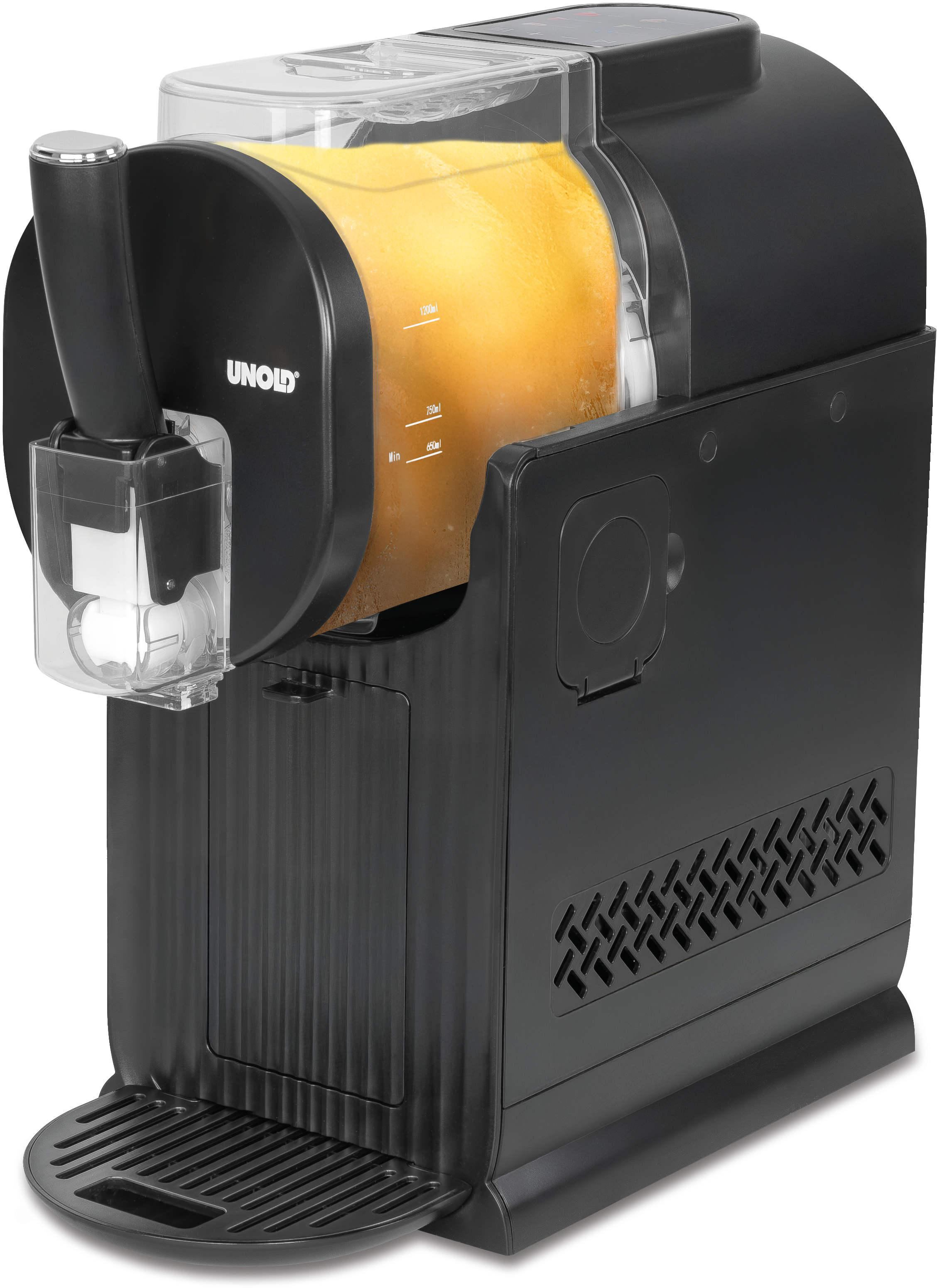 Schwarzer Slush-Eismaschine mit gefrorenem Orangengetränk im Behälter.