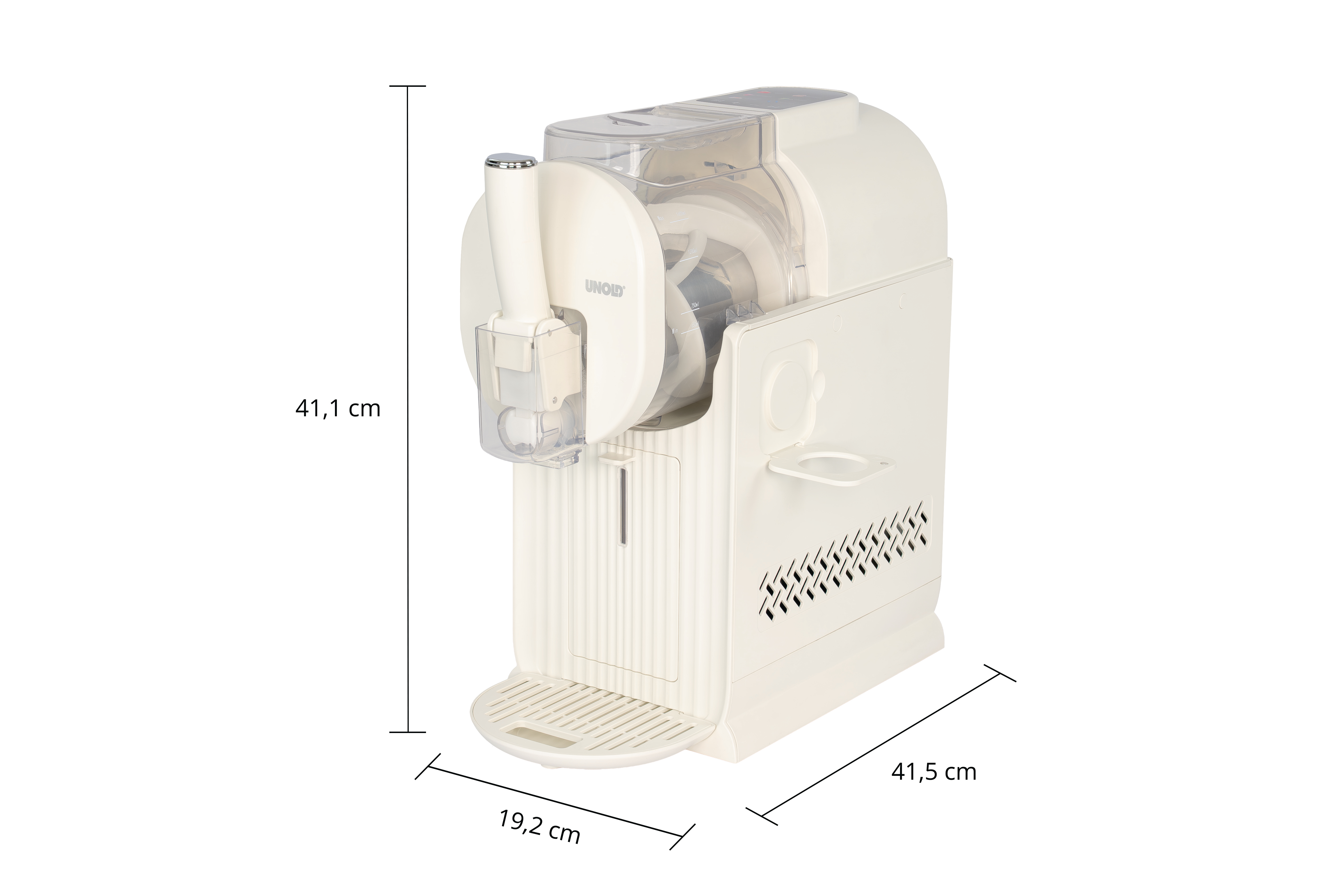 Eine weiße Eismaschine mit transparentem Deckel und Füllstandsanzeige.