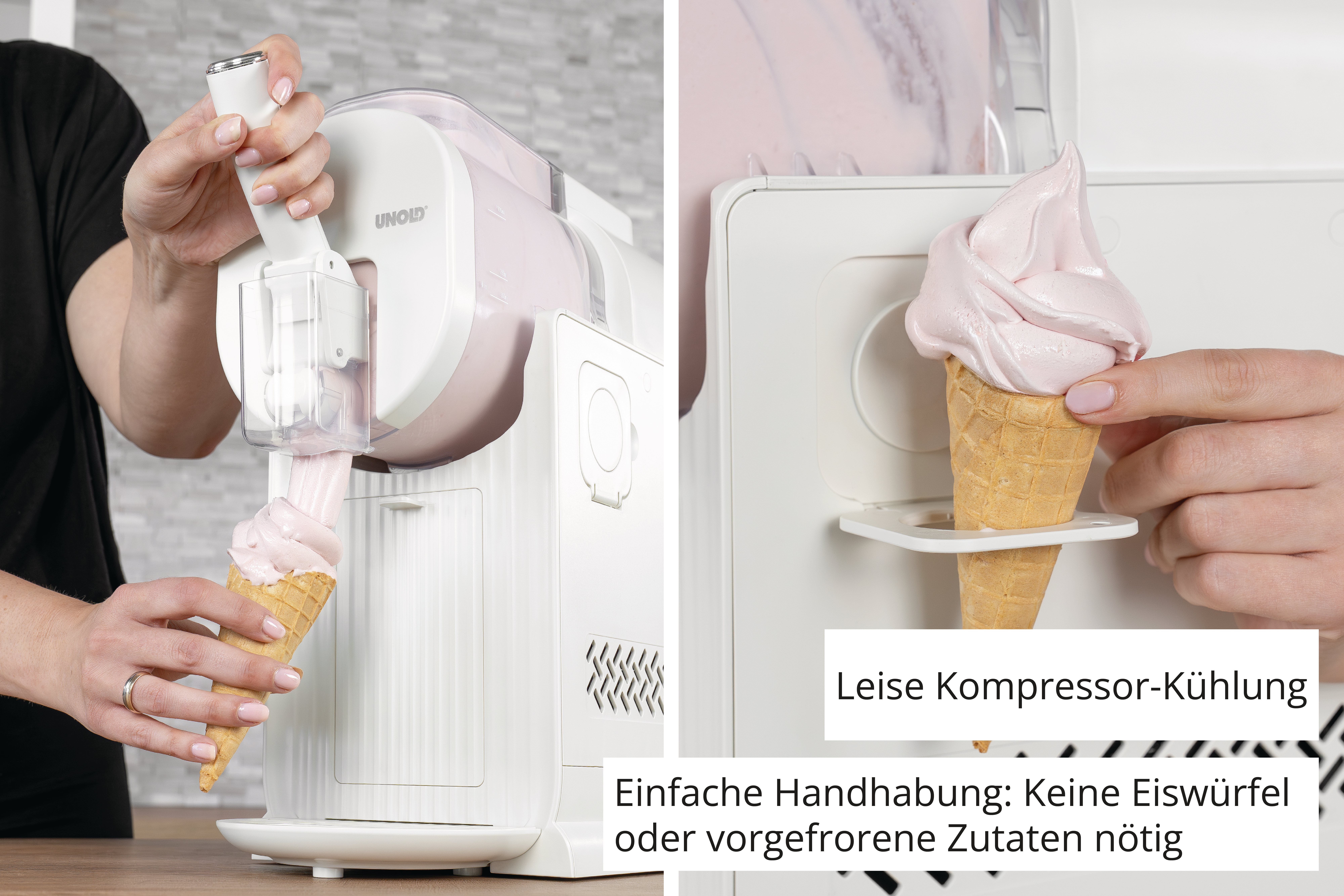 Eine Hand hält eine Eistüte, während aus einer Eismaschine weiches Eis fließt.