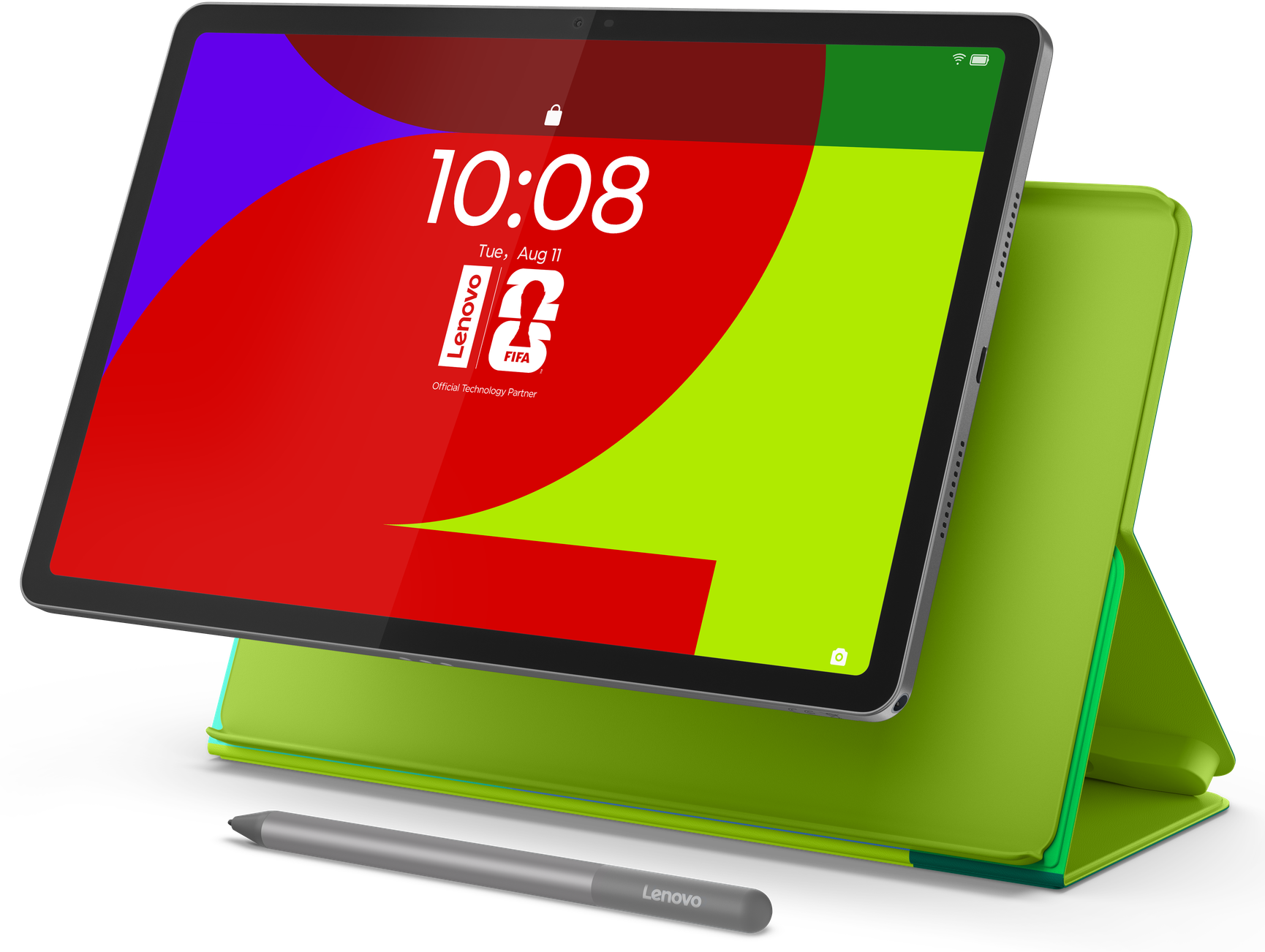 Ezüst Lenovo tablet limezöld tokkal és stylusszal. A képernyőn 10:08 látható.
