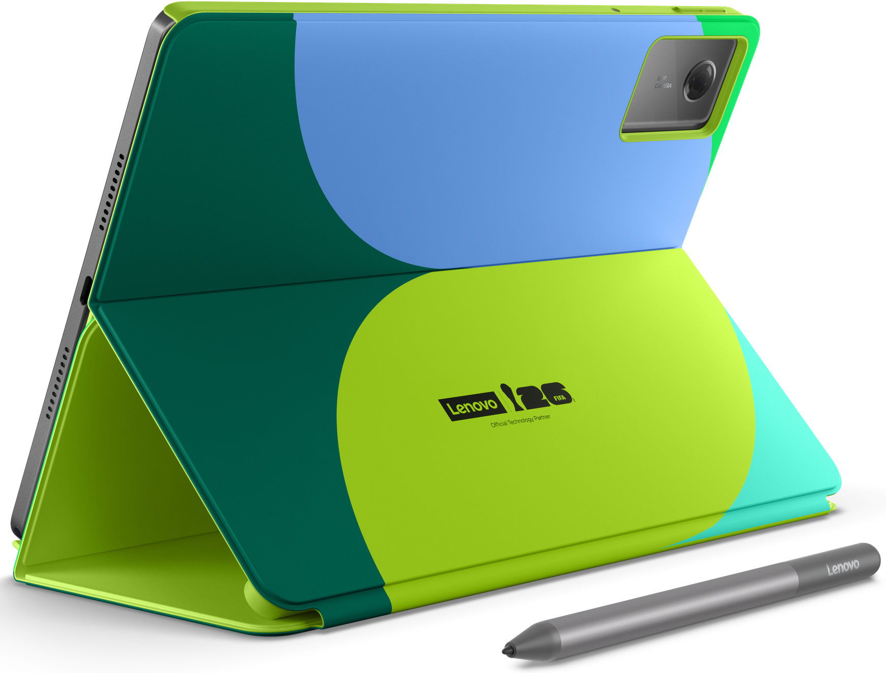Tablet színes, zöld, kék és lime zöld tokkal, ceruzával.