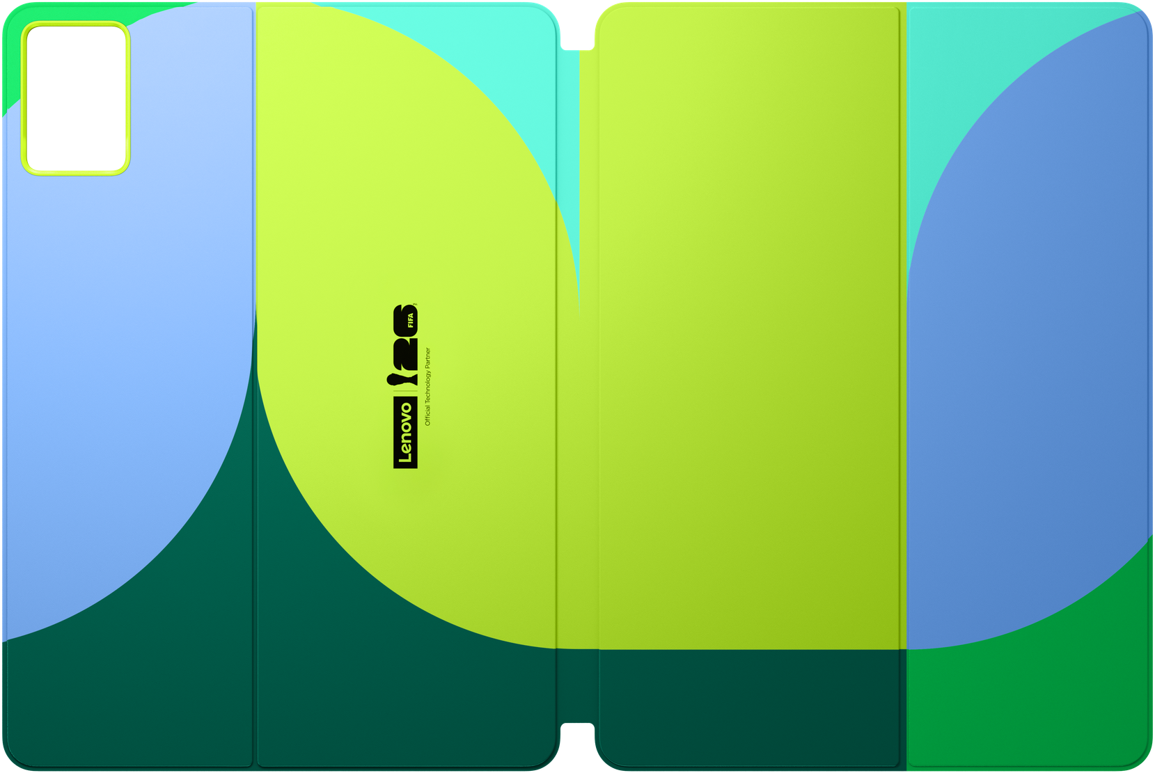 Táblagép tok Lenovo és FIFA logókkal, színes, geometrikus dizájnnal.