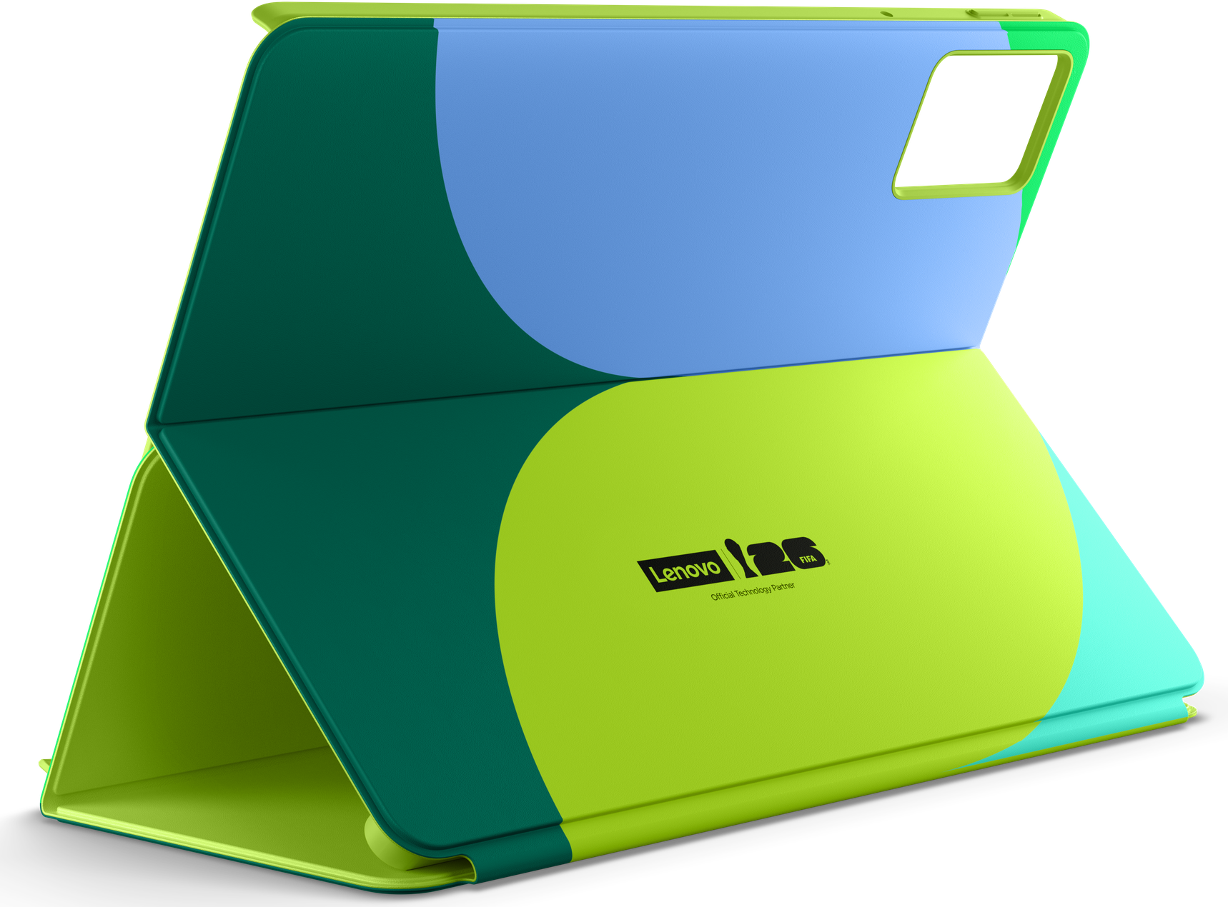 Egy tablet zöld, kék és limezöld tokkal. Lenovo logó és FIFA partner.